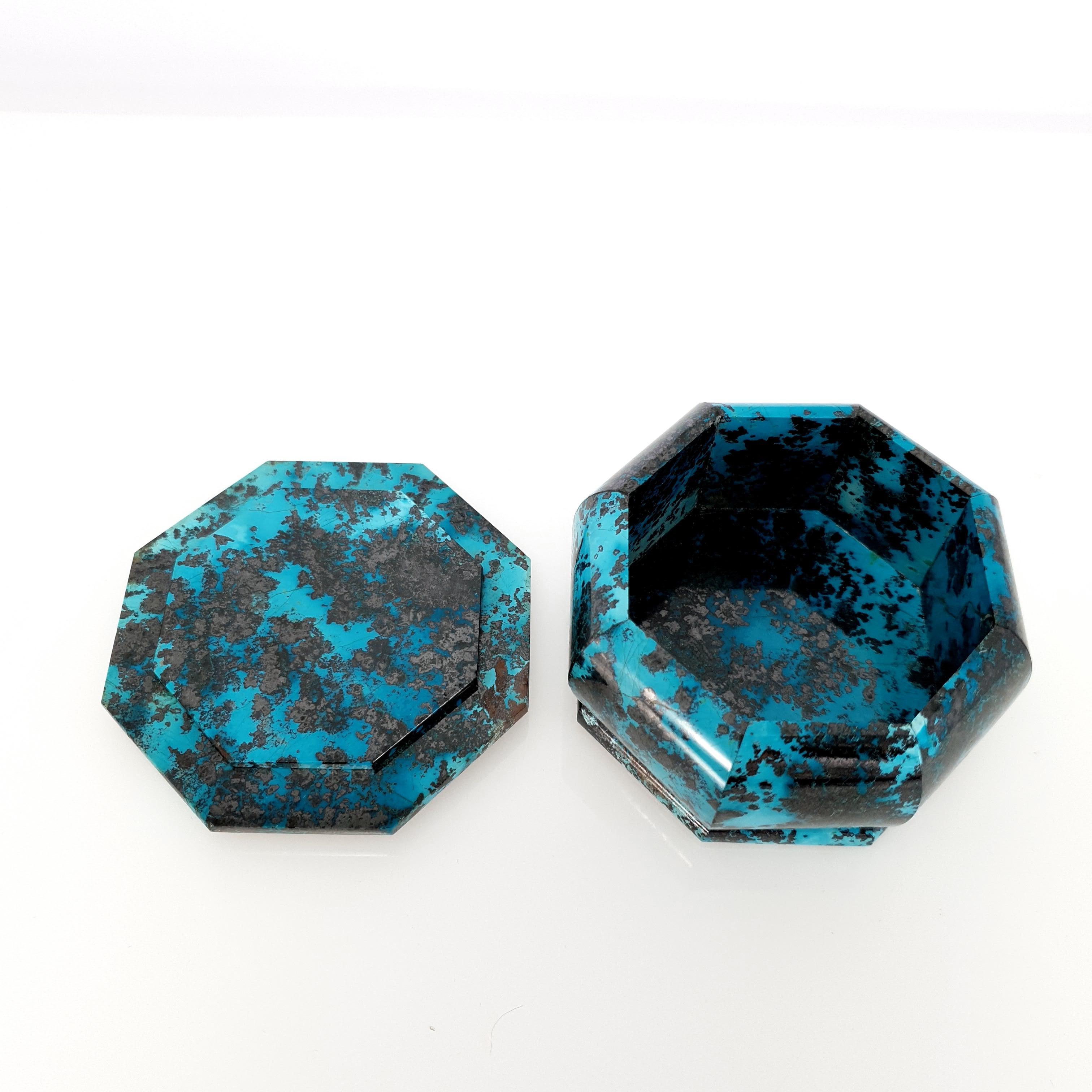 Octagon Turquoise Coloured Shattuckite Decorative Jewelry Gemstone Box For Sale 2