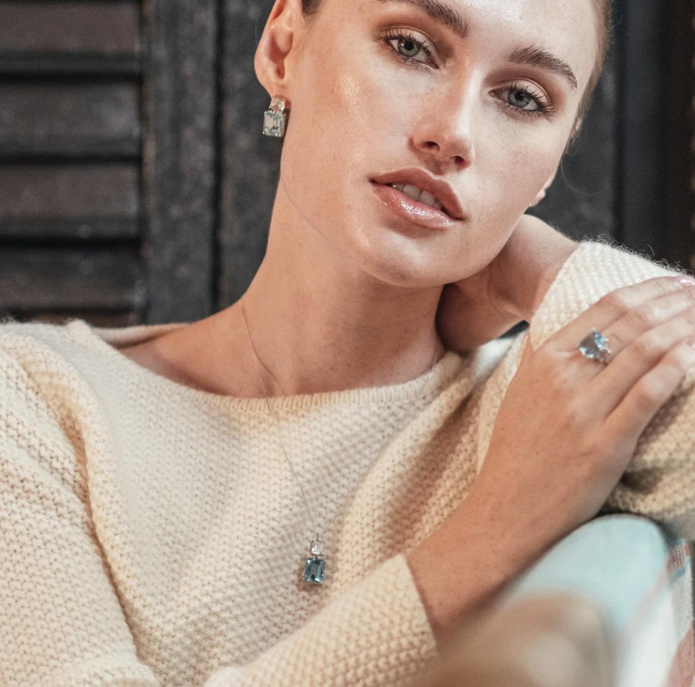 These gorgeous 9ct white gold gemstone earrings from the Andalusian Collection feature two exquisite octagon cut stones: sparkling white and sky blue topaz, inspired by the hues of the Mediterranean Sea.

The Andalusian-inspired luxury jewellery