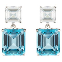 Octagon White Gold Drop Earrings in White Topaz & Blue Topaz