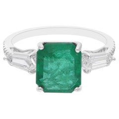 Octagon Zambian Emerald Cocktail Ring SI/H Diamond 18 Karat White Gold Jewelry
