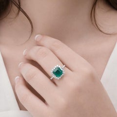 Anneau de mariage octogonal en or blanc 14 carats, émeraude de Zambie, diamant SI/H Halo