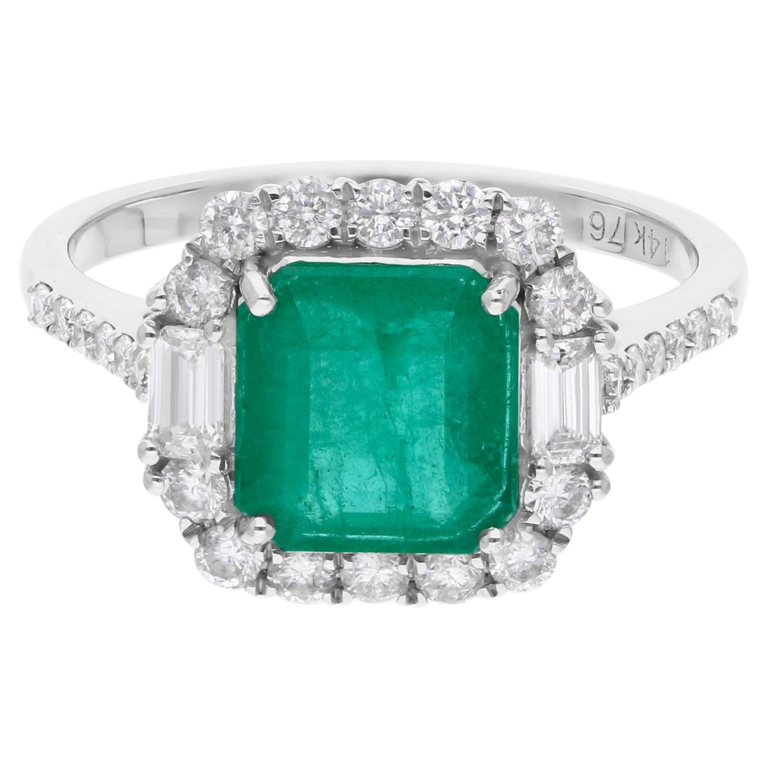 For Sale:  Octagon Zambian Emerald SI/H Diamond Halo Wedding Ring 14 Karat White Gold