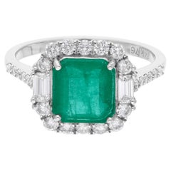 Octagon Zambian Emerald SI/H Diamond Halo Wedding Ring 14 Karat White Gold