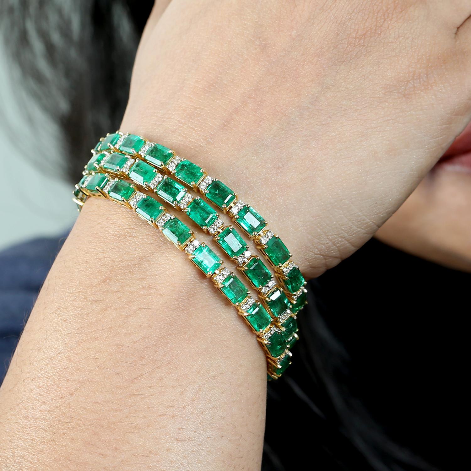 Pulsera de Tenis de Esmeralda de Zambia Octogonal con Diamantes de Oro Amarillo de 14k Contemporáneo en venta