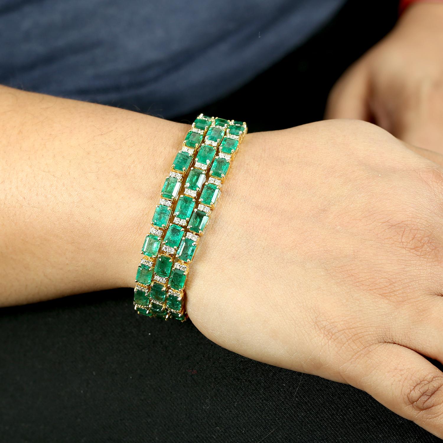 Pulsera de Tenis de Esmeralda de Zambia Octogonal con Diamantes de Oro Amarillo de 14k Corte mixto en venta
