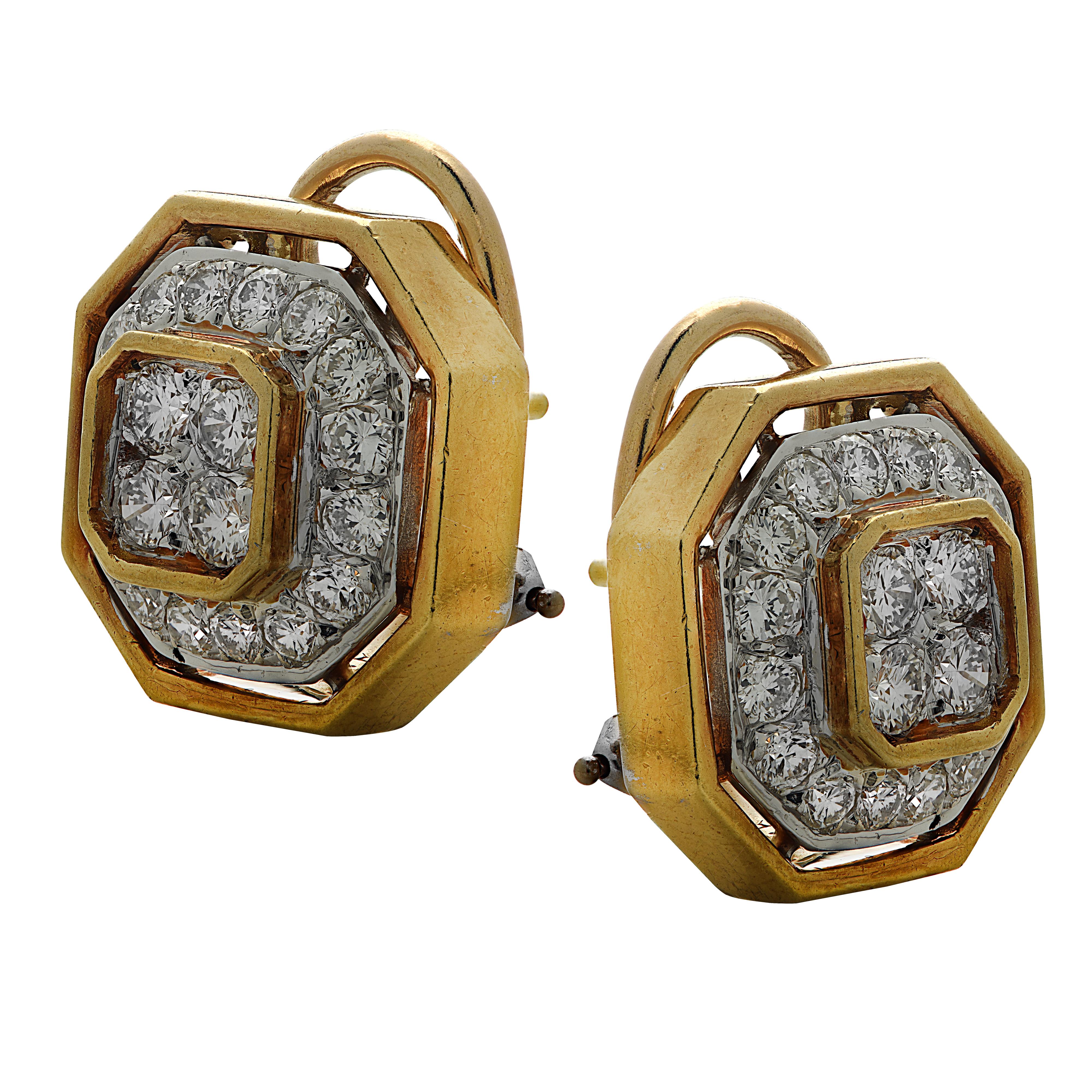Stunning earrings crafted in platinum and 18 karat yellow gold featuring 40 round brilliant cut diamonds weighing approximately 3 carats total, G color, VS clarity, set in an octagon. These striking earrings measure .65 of an inch in width and .65