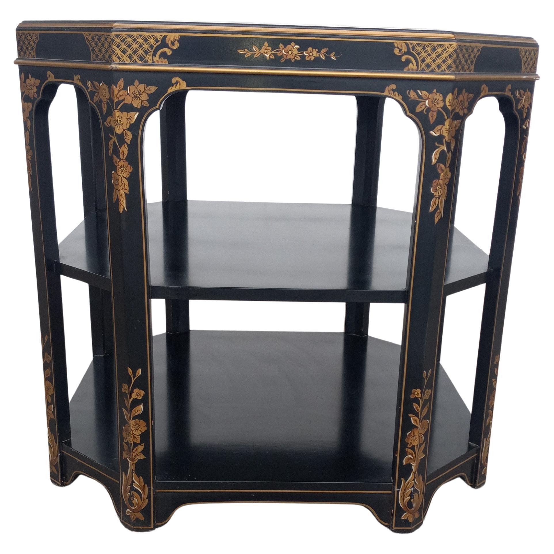 Octagonal 3 Tier Oriental Lacquer Style End Table For Sale