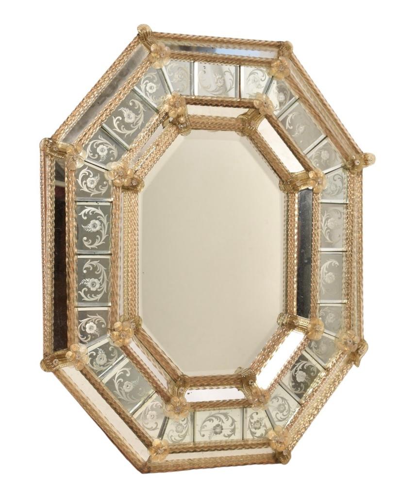 Grand Tour Octagonal Antique Venetian Mirror, Etched Glass Applied Rope & Floral Decorated