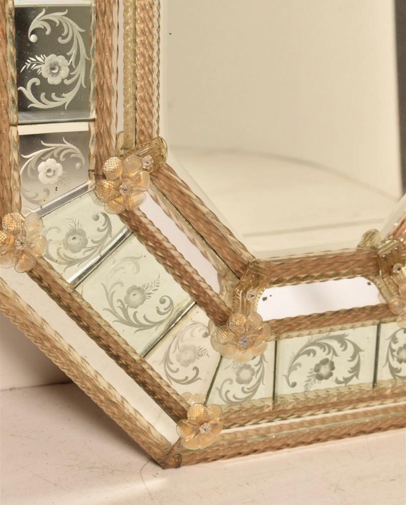 Early 20th Century Octagonal Antique Venetian Mirror, Etched Glass Applied Rope & Floral Decorated