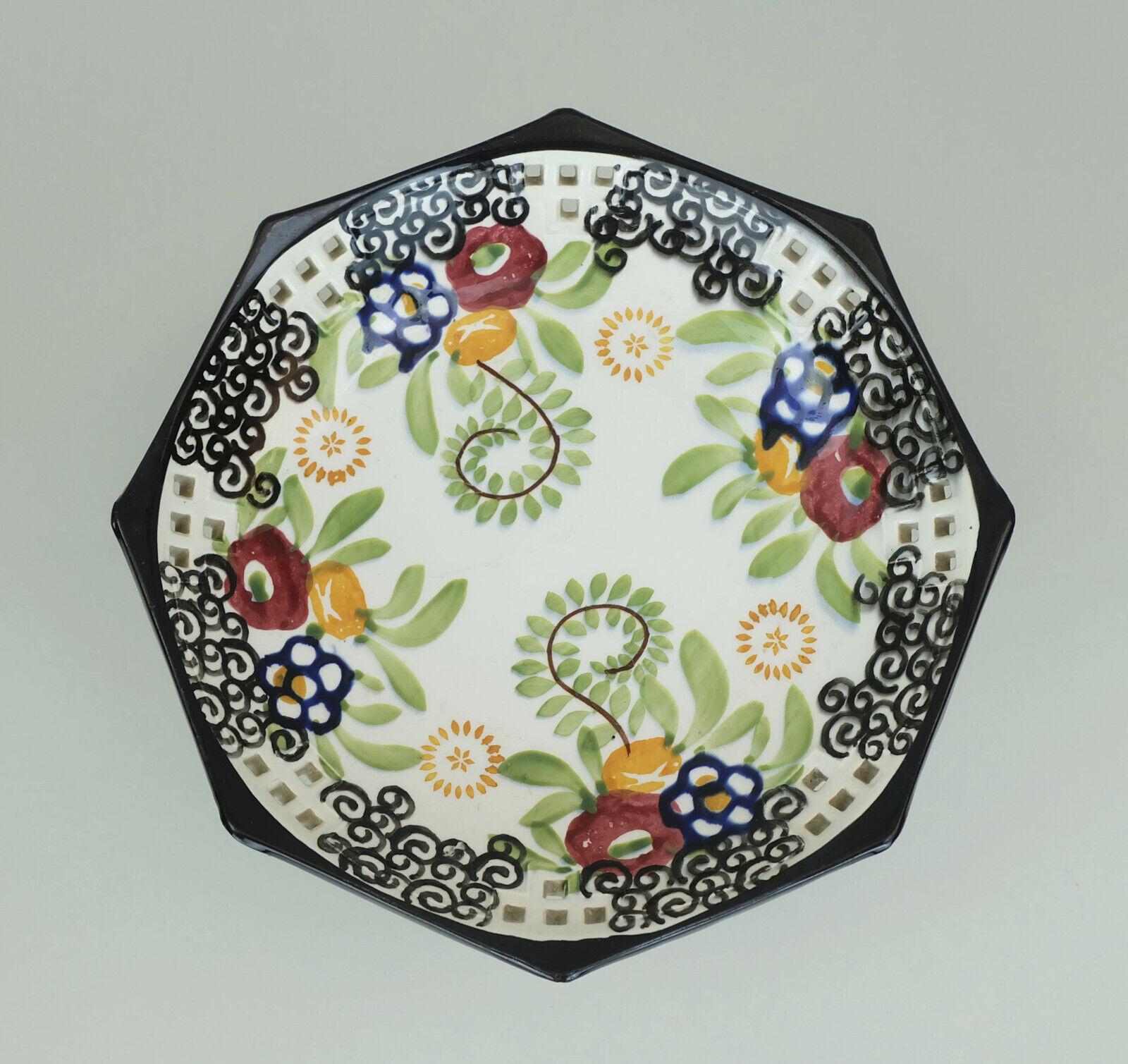 octagonal art deco BOWL footed bowl schramberg majolika 1920s hand-painted decor For Sale 3