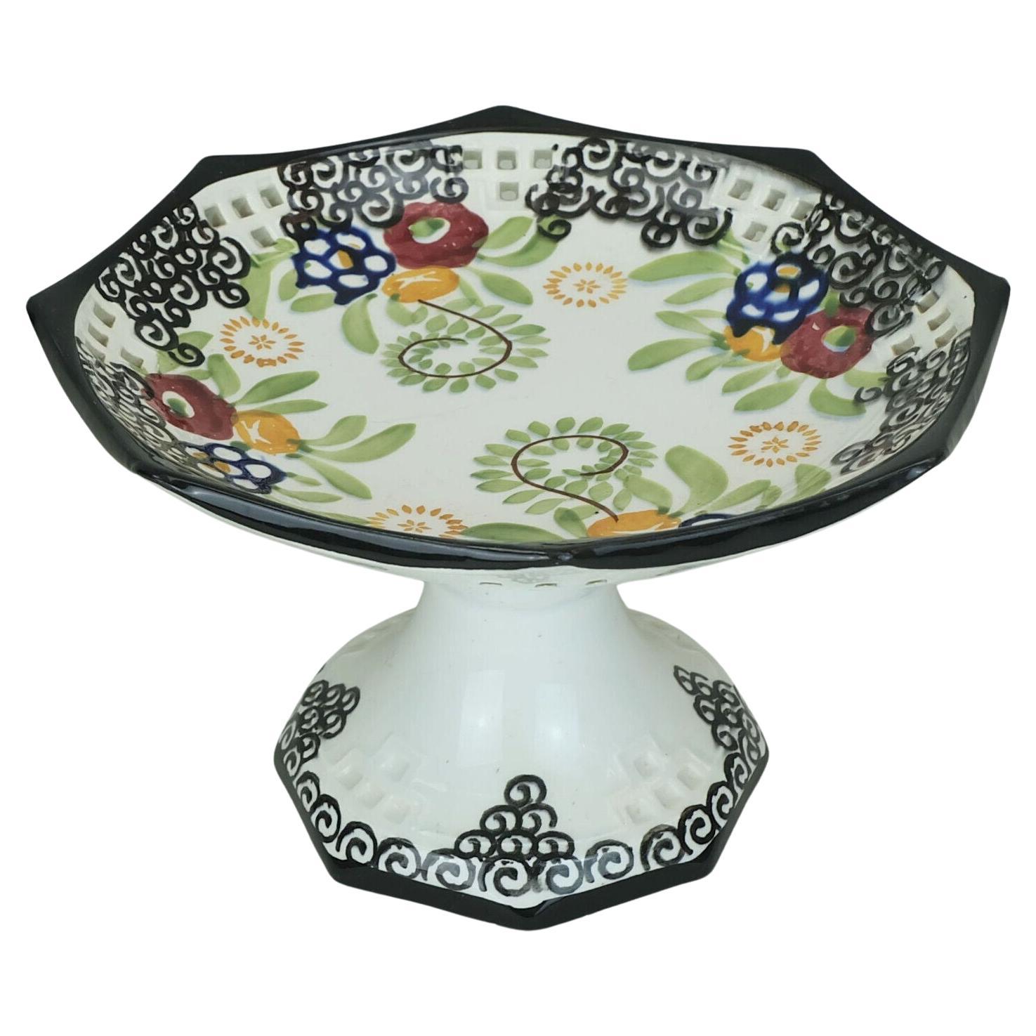 octagonal art deco BOWL footed bowl schramberg majolika 1920s hand-painted decor For Sale