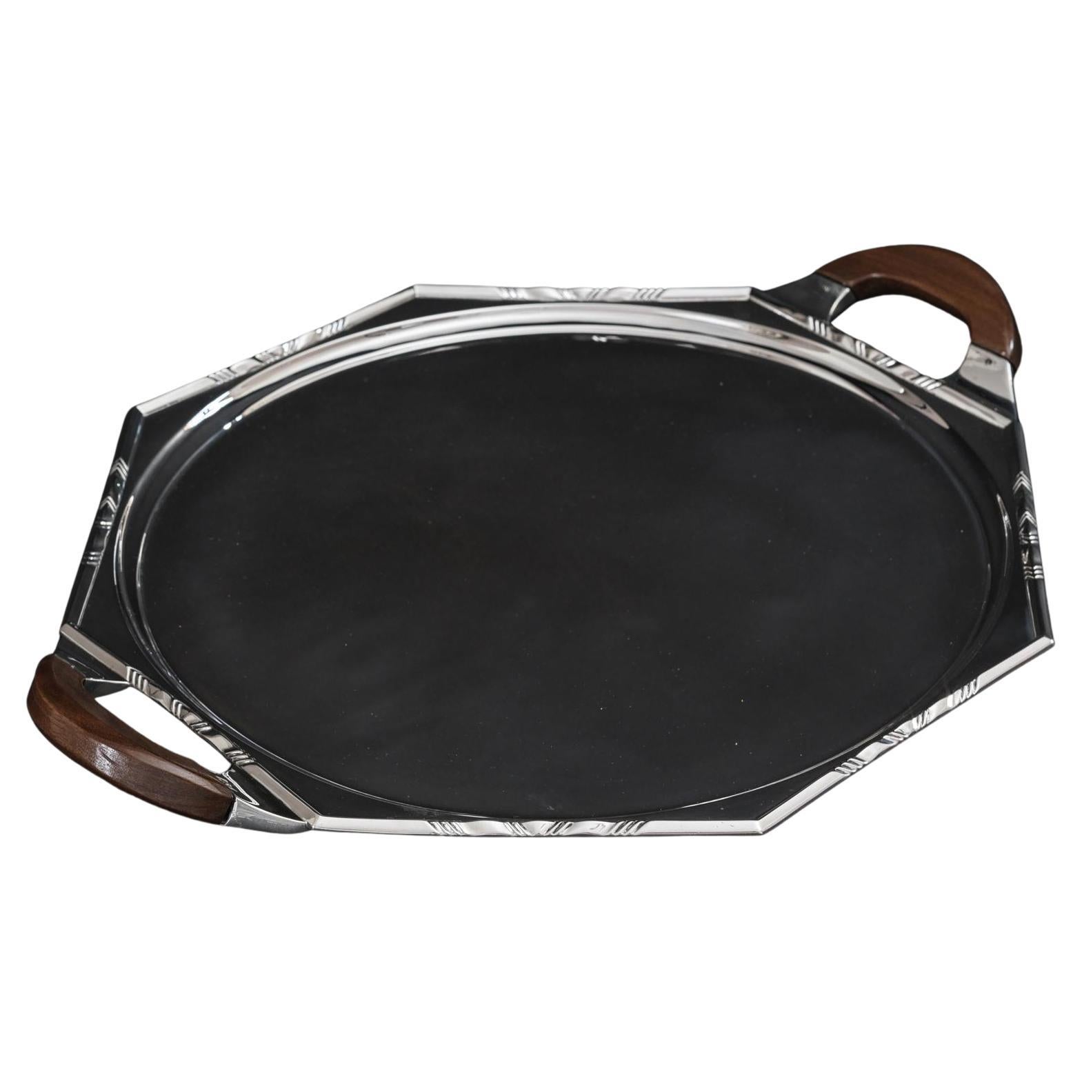 Octagonal Art Deco silver drinks tray with wood handles