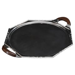 Octagonal Art Deco silver drinks tray with wood handles