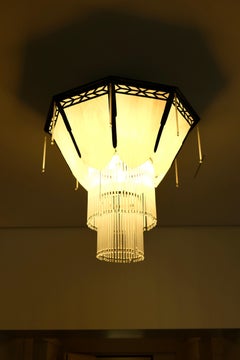 Octagonal Art Deco Style Chandelier with Glass and Black Metal Mount