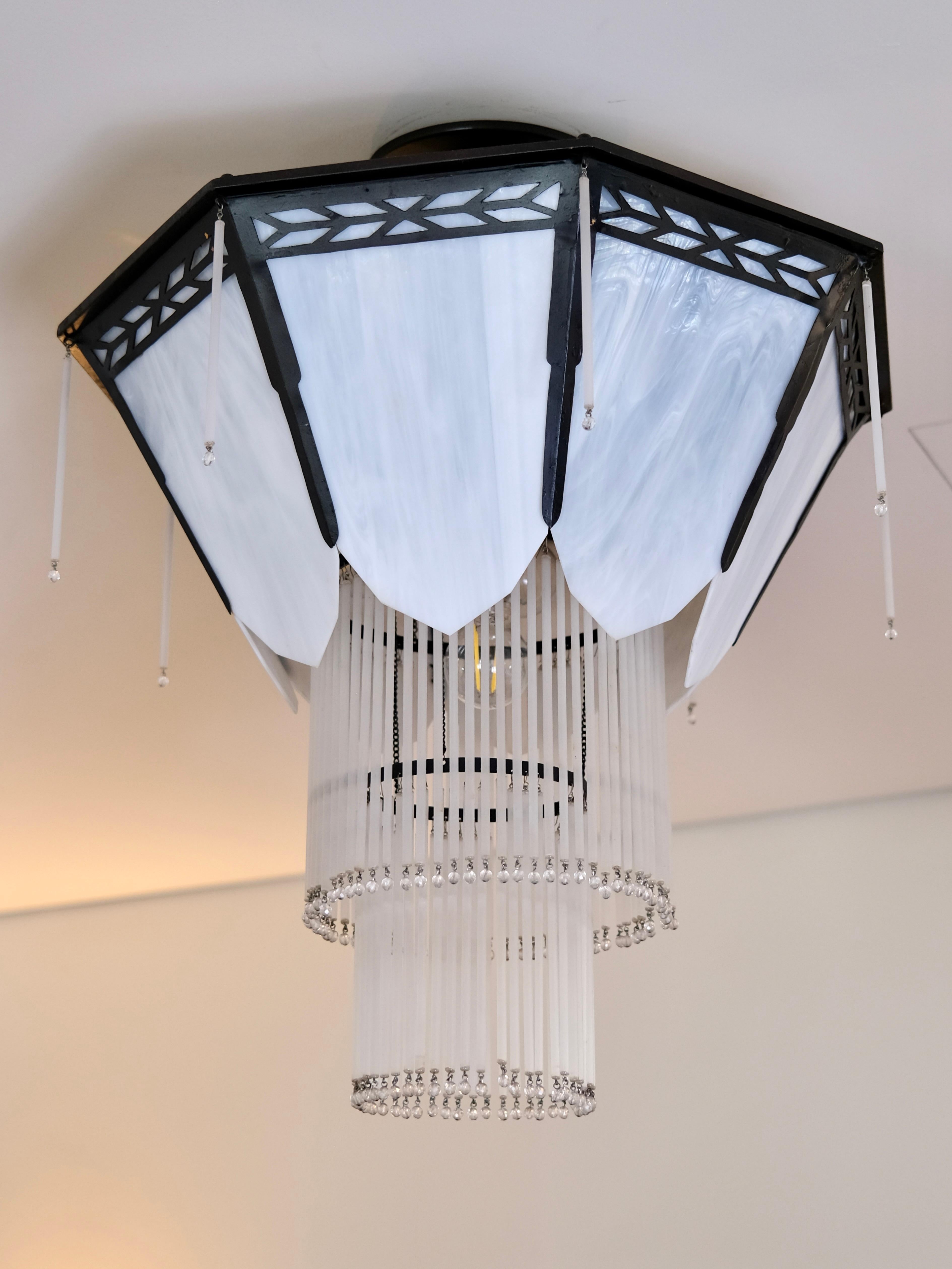 Spanish Octagonal Art Deco Style Chandelier with Glass and Black Metal Mount For Sale