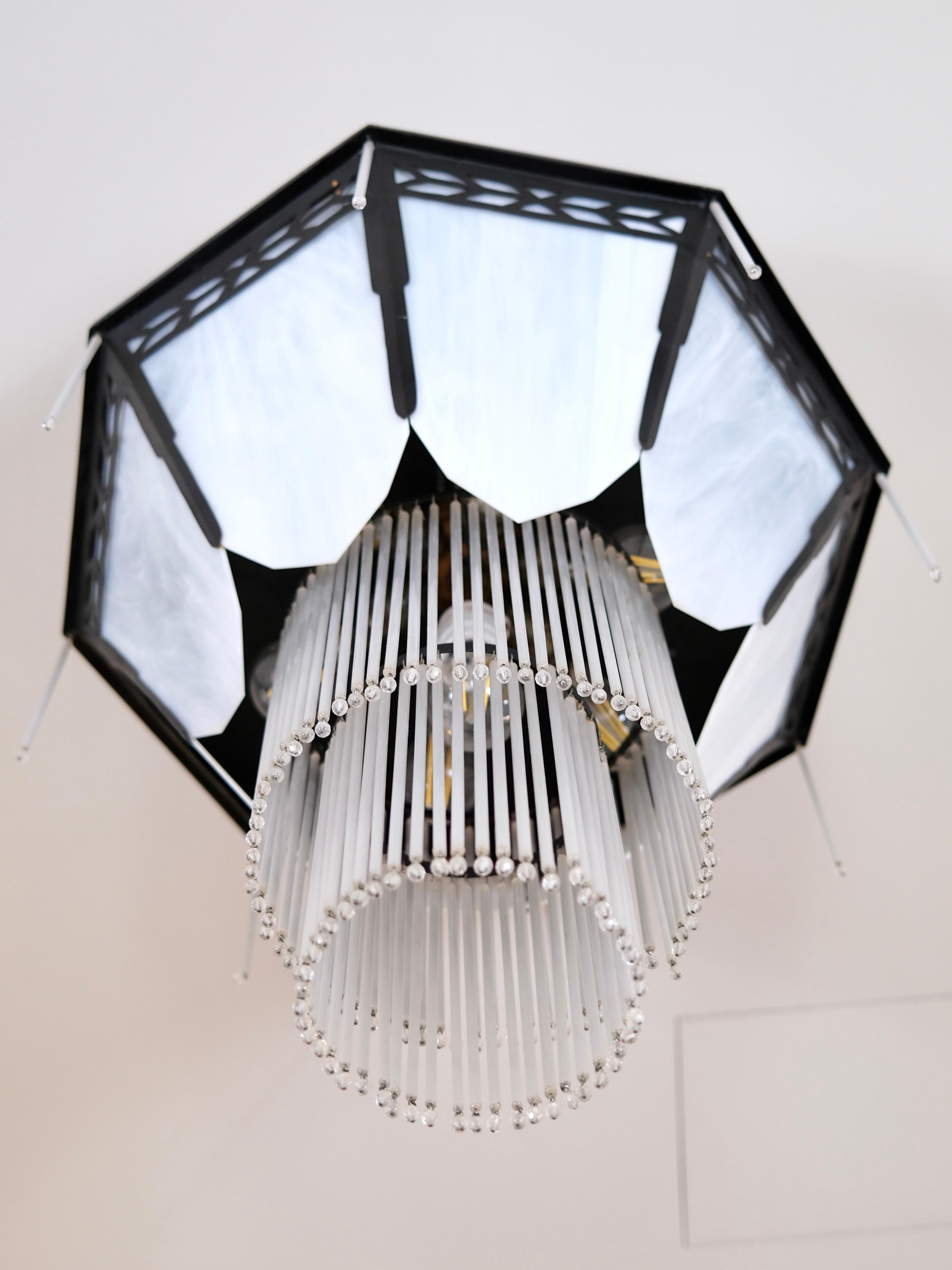 Blackened Octagonal Art Deco Style Chandelier with Glass and Black Metal Mount For Sale