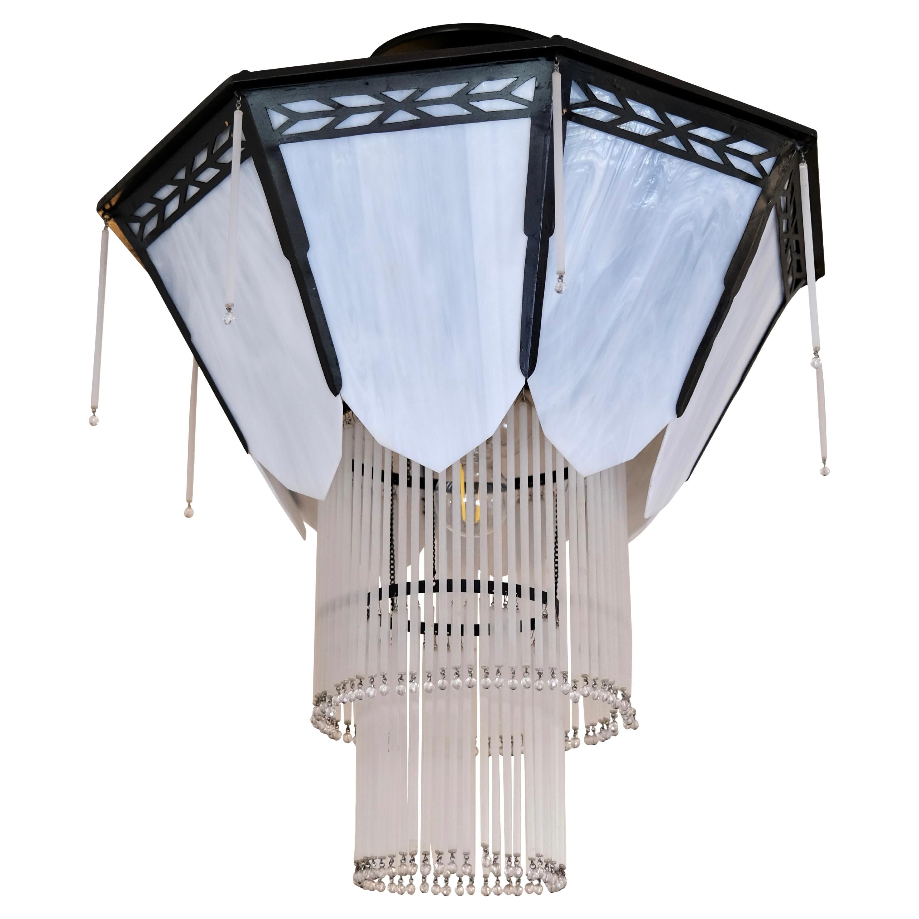 Octagonal Art Deco Style Chandelier with Glass and Black Metal Mount For Sale