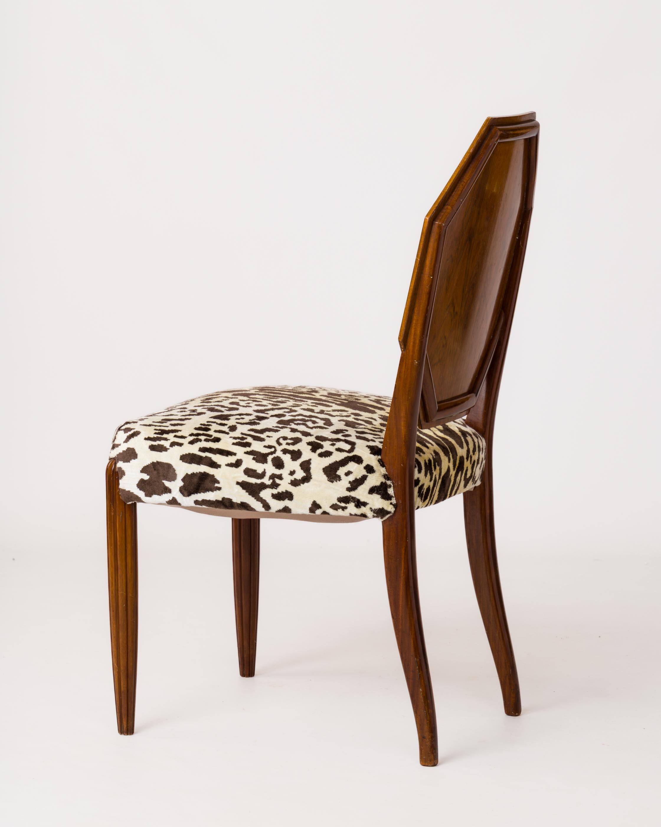 Mid-20th Century Octagonal-Backed Mahogany Chair with Dedar Faux Leopard Velvet - France 1930s For Sale