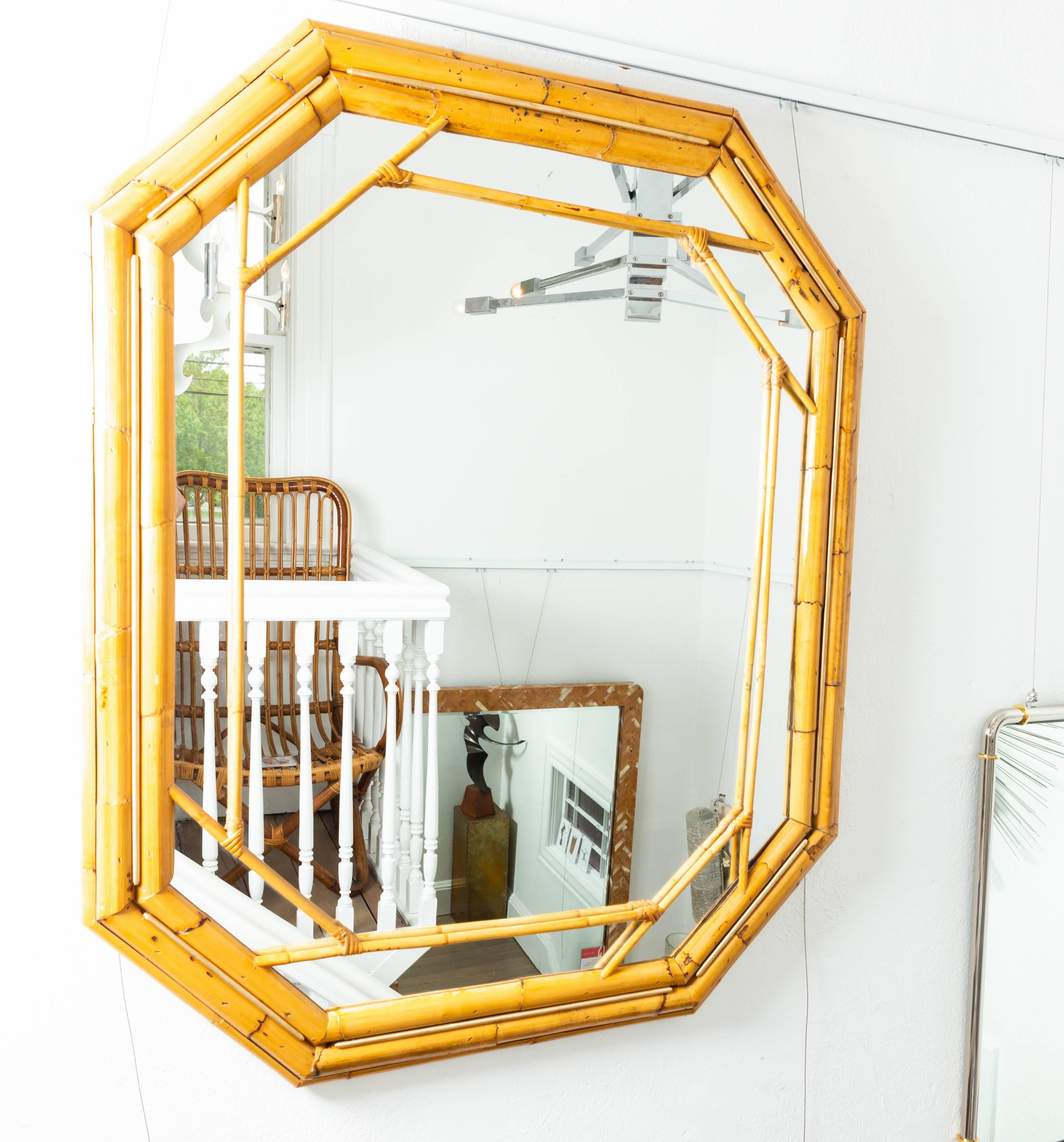 Mid-Century Modern Octagonal Bamboo Surround Mirror with Brass Details