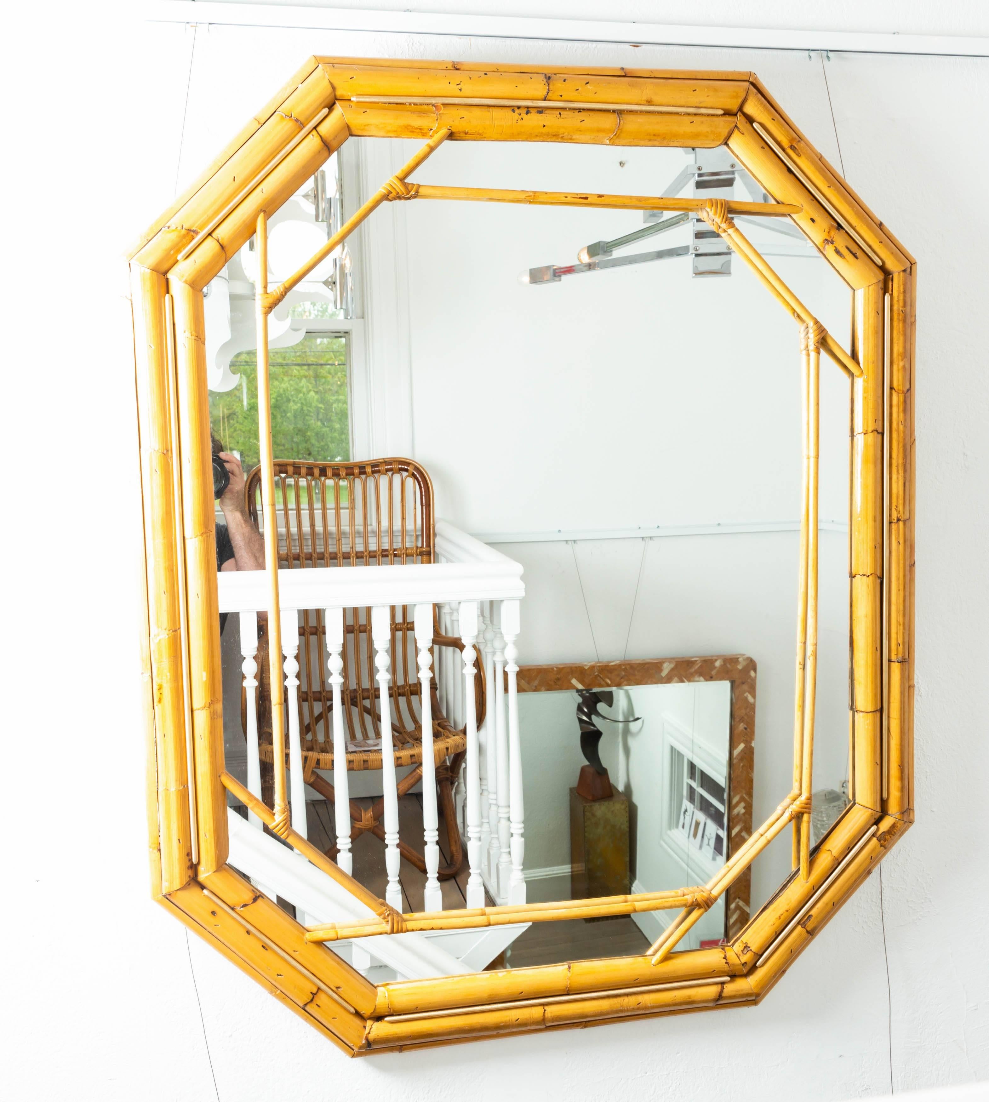Italian Octagonal Bamboo Surround Mirror with Brass Details