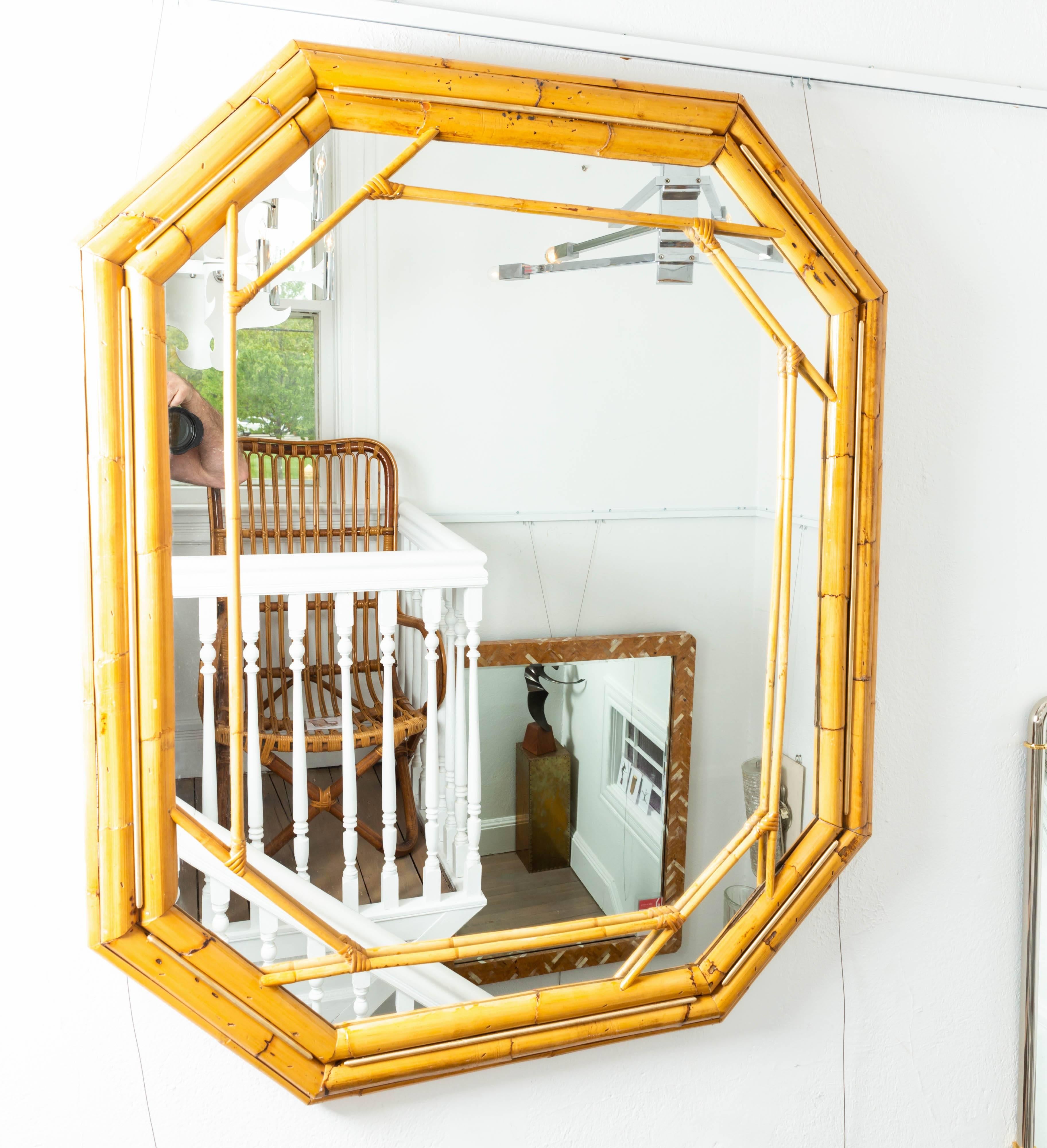 Octagonal Bamboo Surround Mirror with Brass Details In Good Condition In Bridgehampton, NY