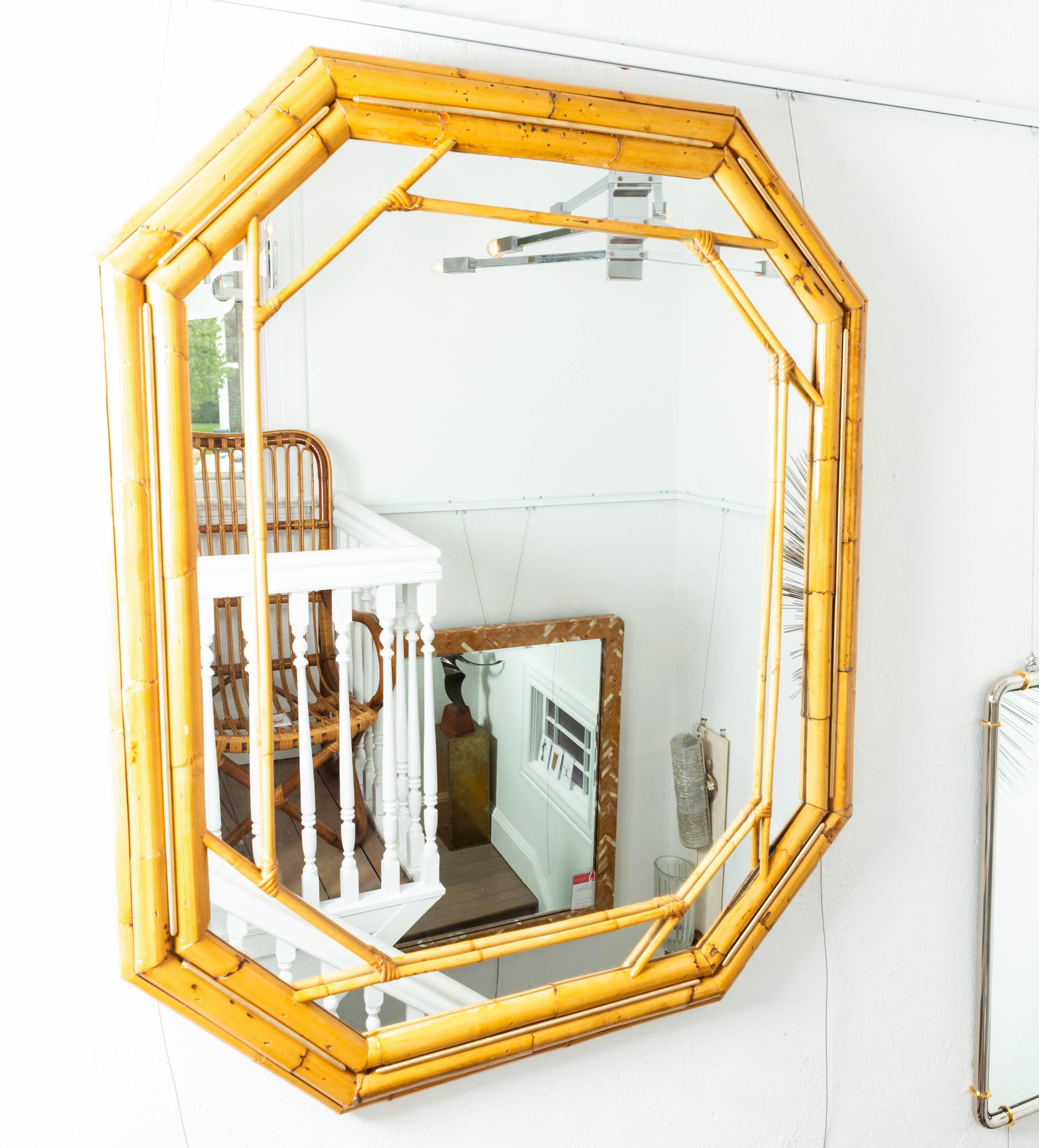 20th Century Octagonal Bamboo Surround Mirror with Brass Details