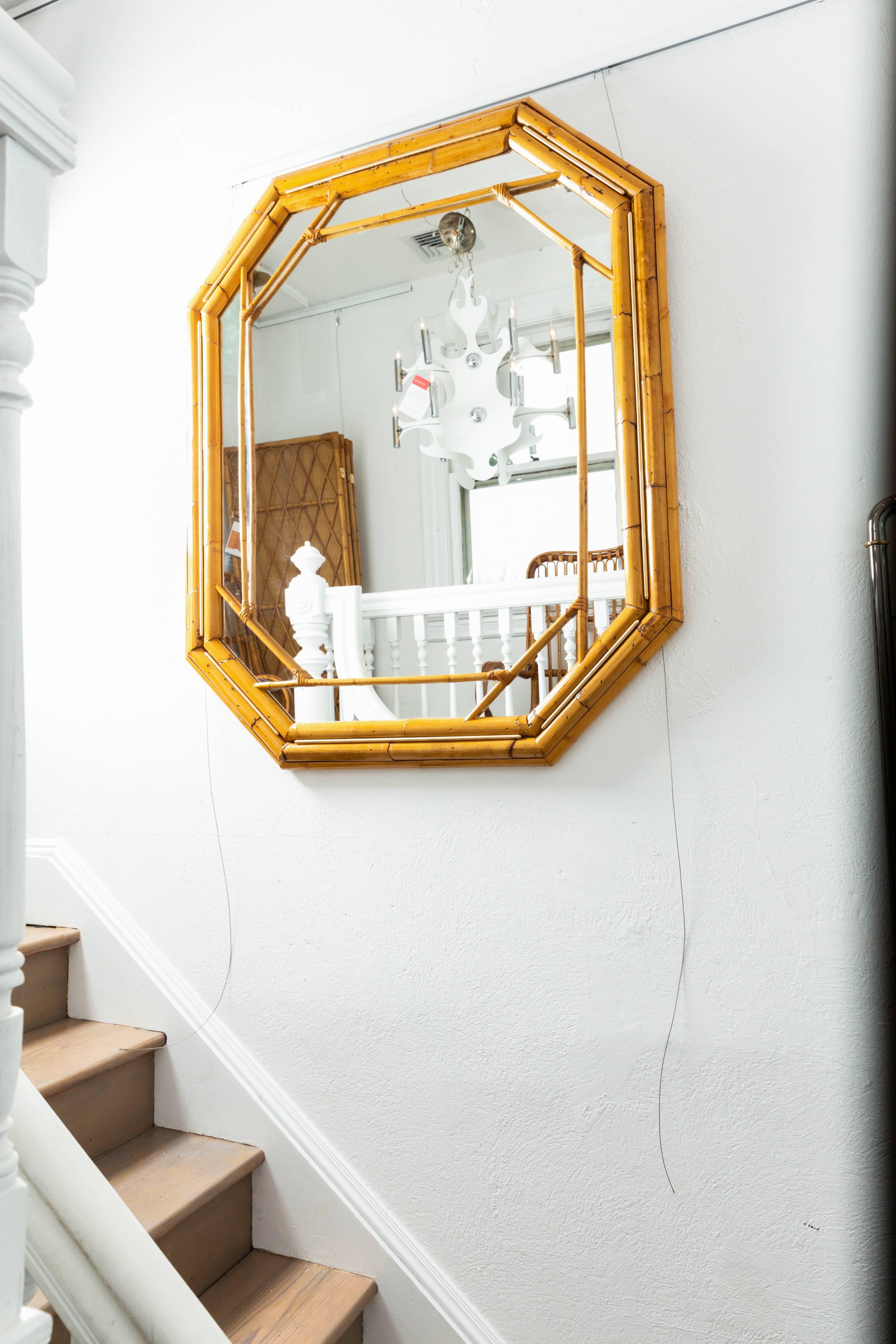 Octagonal Bamboo Surround Mirror with Brass Details 3