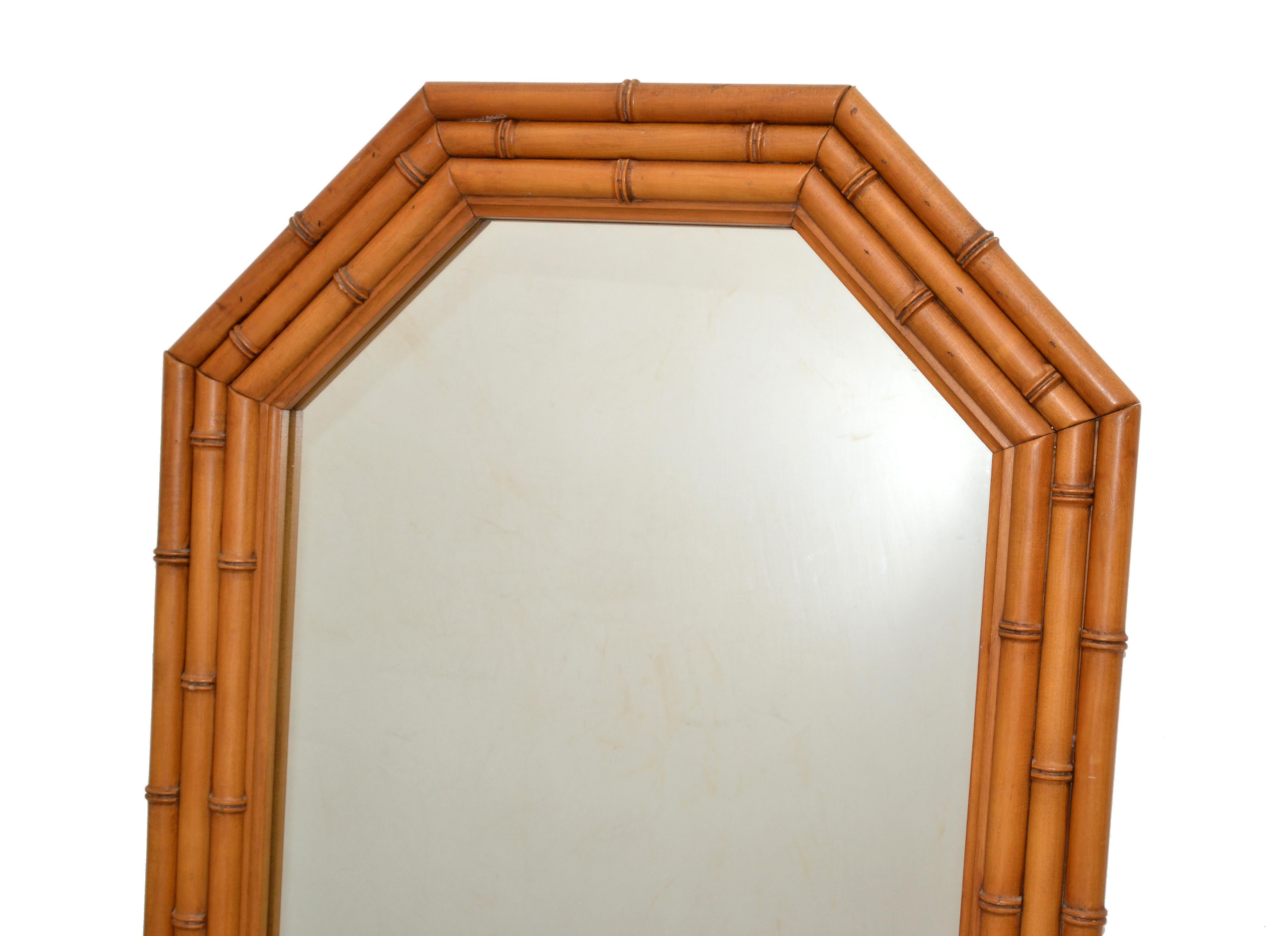 Octagonal Bohemian Chic Bamboo Wall Mirror Wood Backing Mid-Century Modern 50s For Sale 2