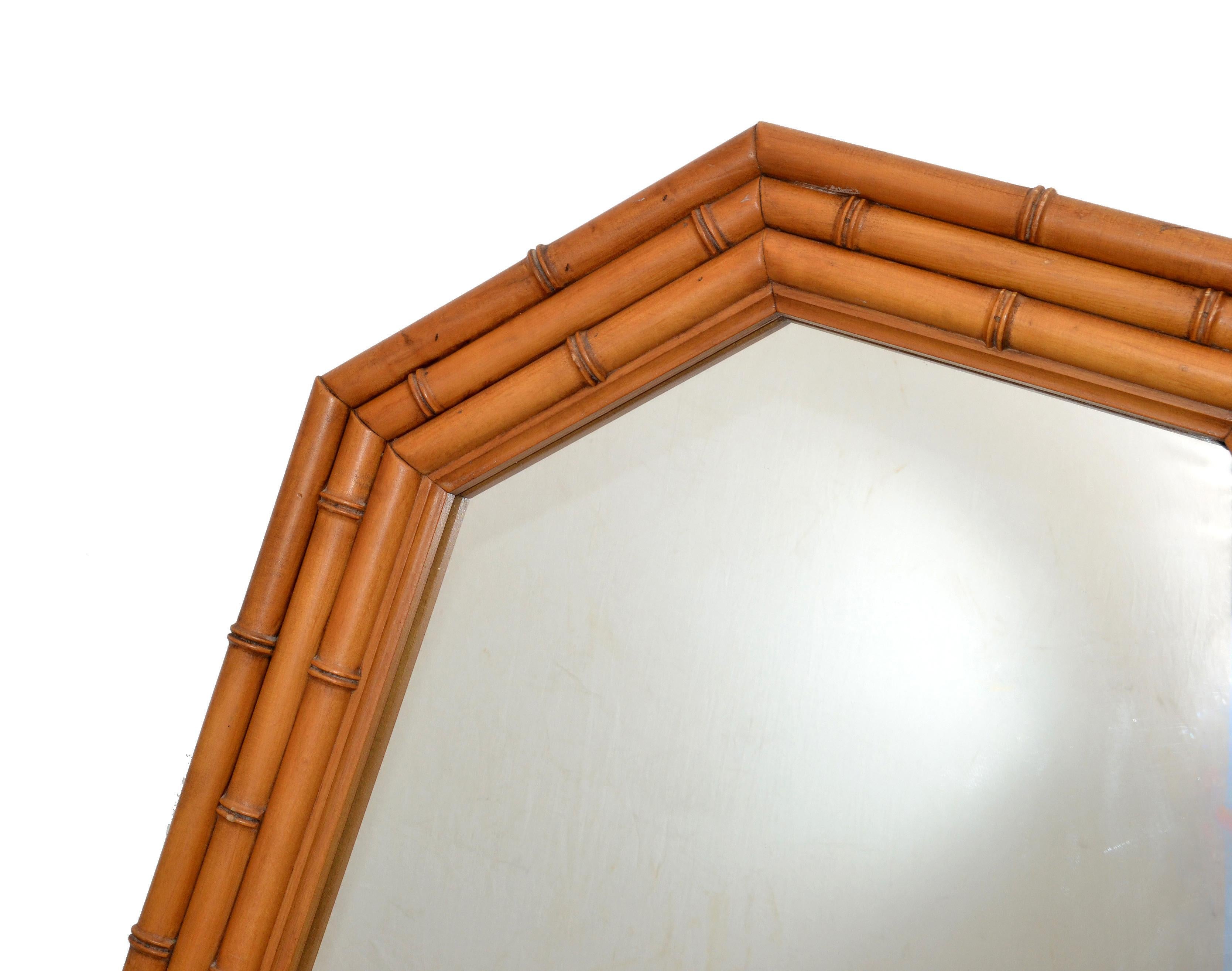Octagonal Bohemian Chic Bamboo Wall Mirror Wood Backing Mid-Century Modern 50s For Sale 4