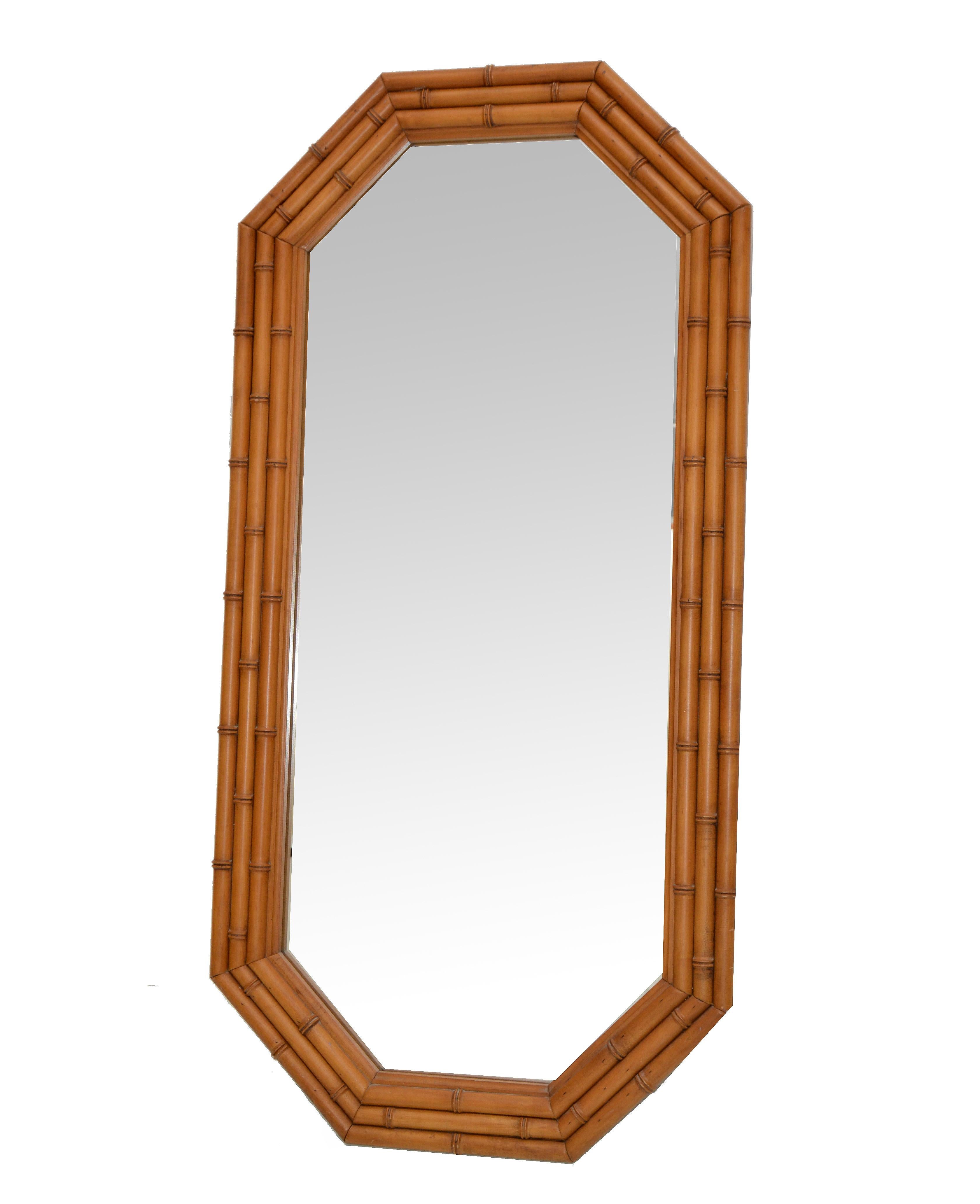 Octagonal Bohemian Chic Bamboo Wall Mirror Wood Backing Mid-Century Modern 50s For Sale 6