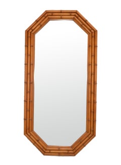 Octagonal Bohemian Chic Bamboo Wall Mirror Wood Backing Mid-Century Modern 50s