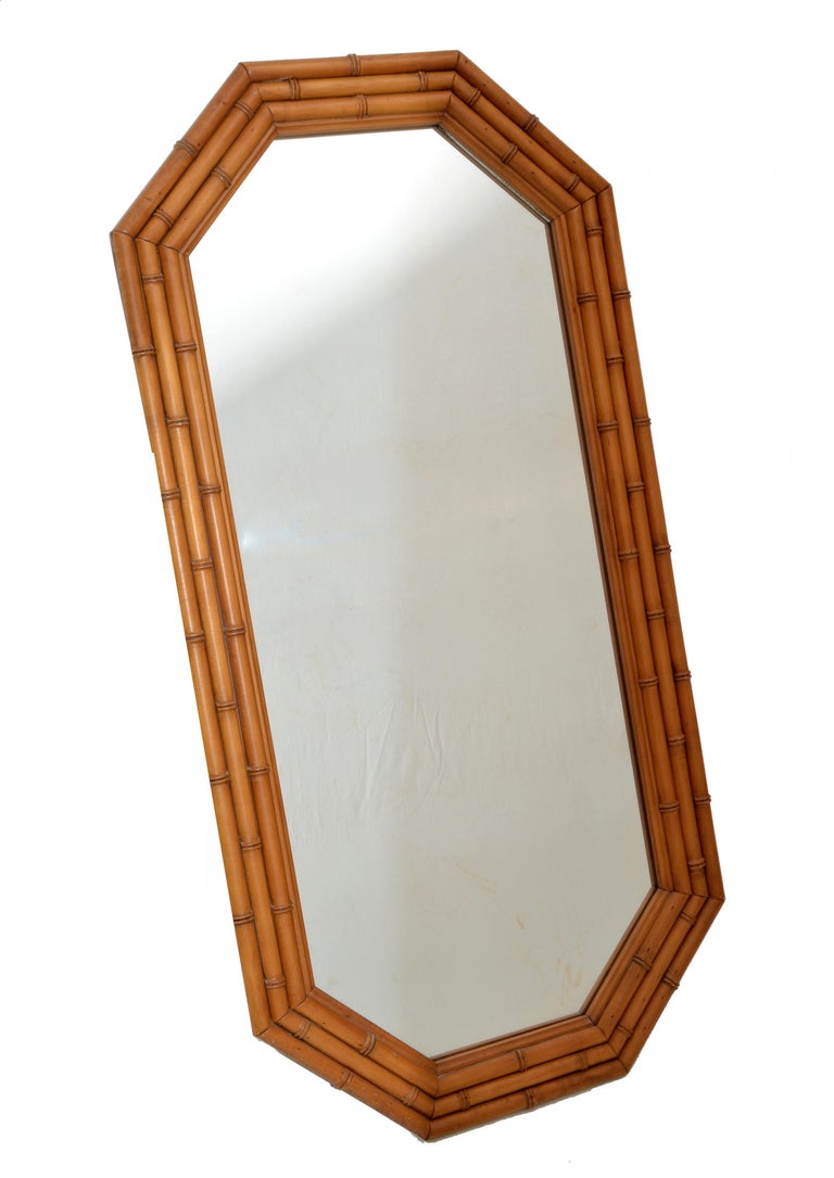 Octagonal Bamboo Wall Mirror Wood Backing MidCentury Modern 50s For