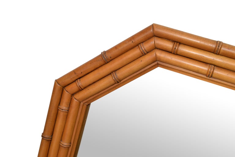 Octagonal Bamboo Wall Mirror Wood Backing MidCentury Modern 50s For