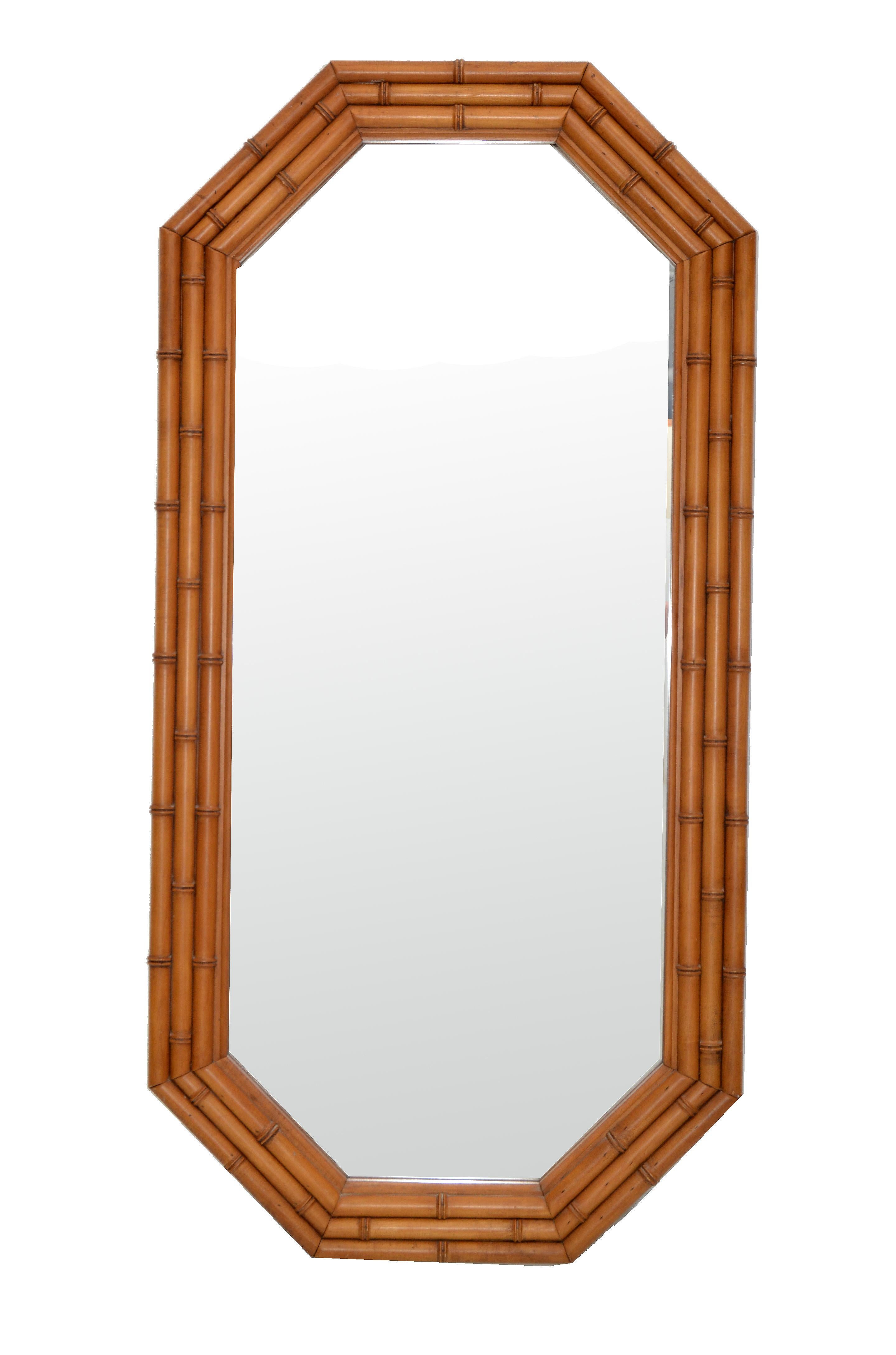 20th Century Octagonal Bohemian Chic Bamboo Wall Mirror Wood Backing Mid-Century Modern 50s For Sale