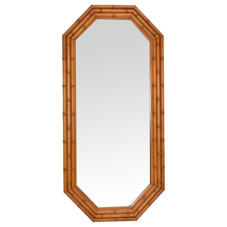 Octagonal Bamboo Wall Mirror Wood Backing MidCentury Modern 50s For