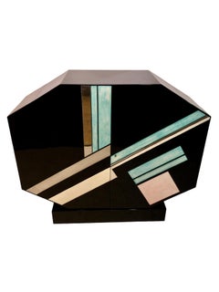 Octagonal Bar Furniture in Black Lacquer with Green Pattern French Art Deco 1935