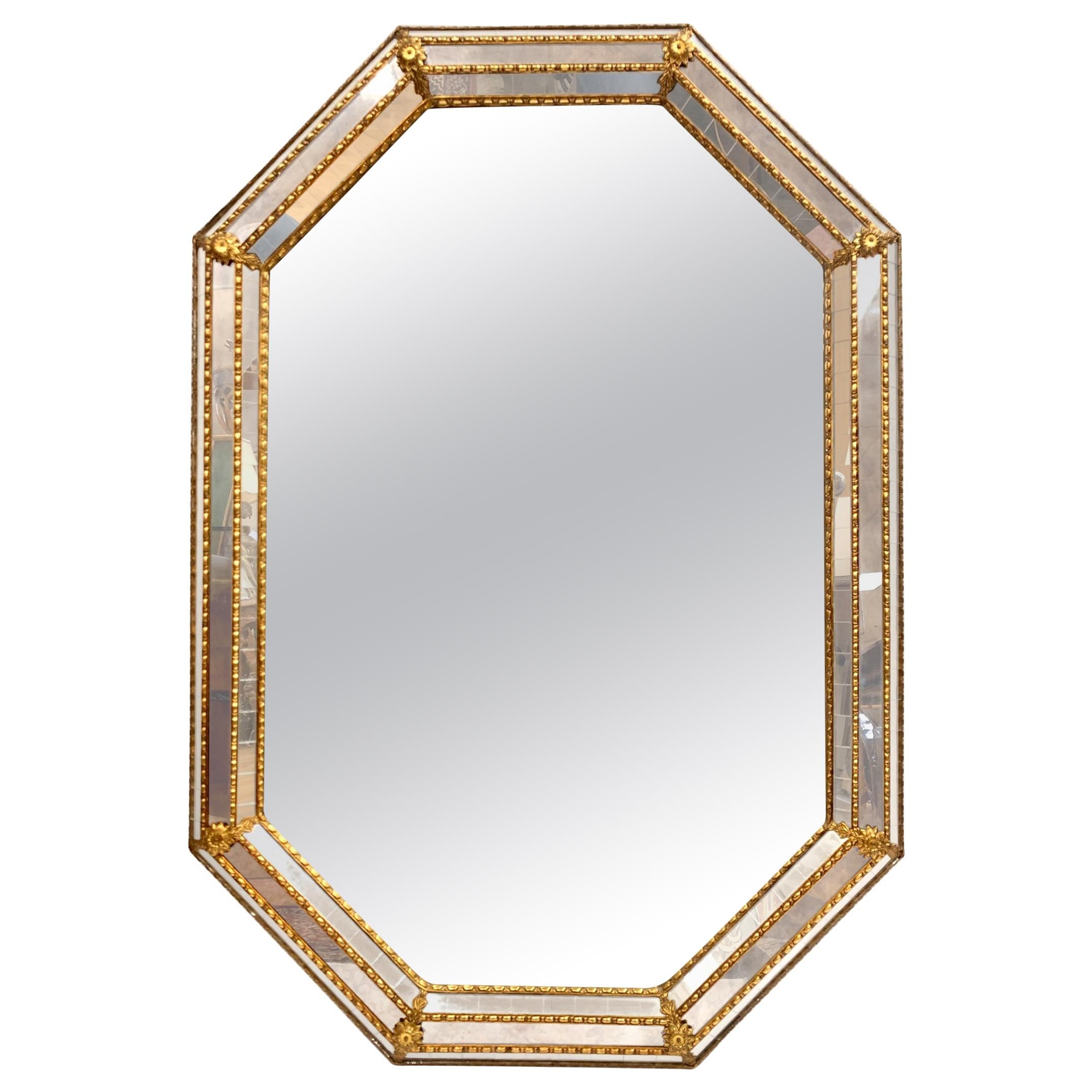 Octagonal Beaded Gilt Gold Wall Mirror with Venetian Mirrored Borders