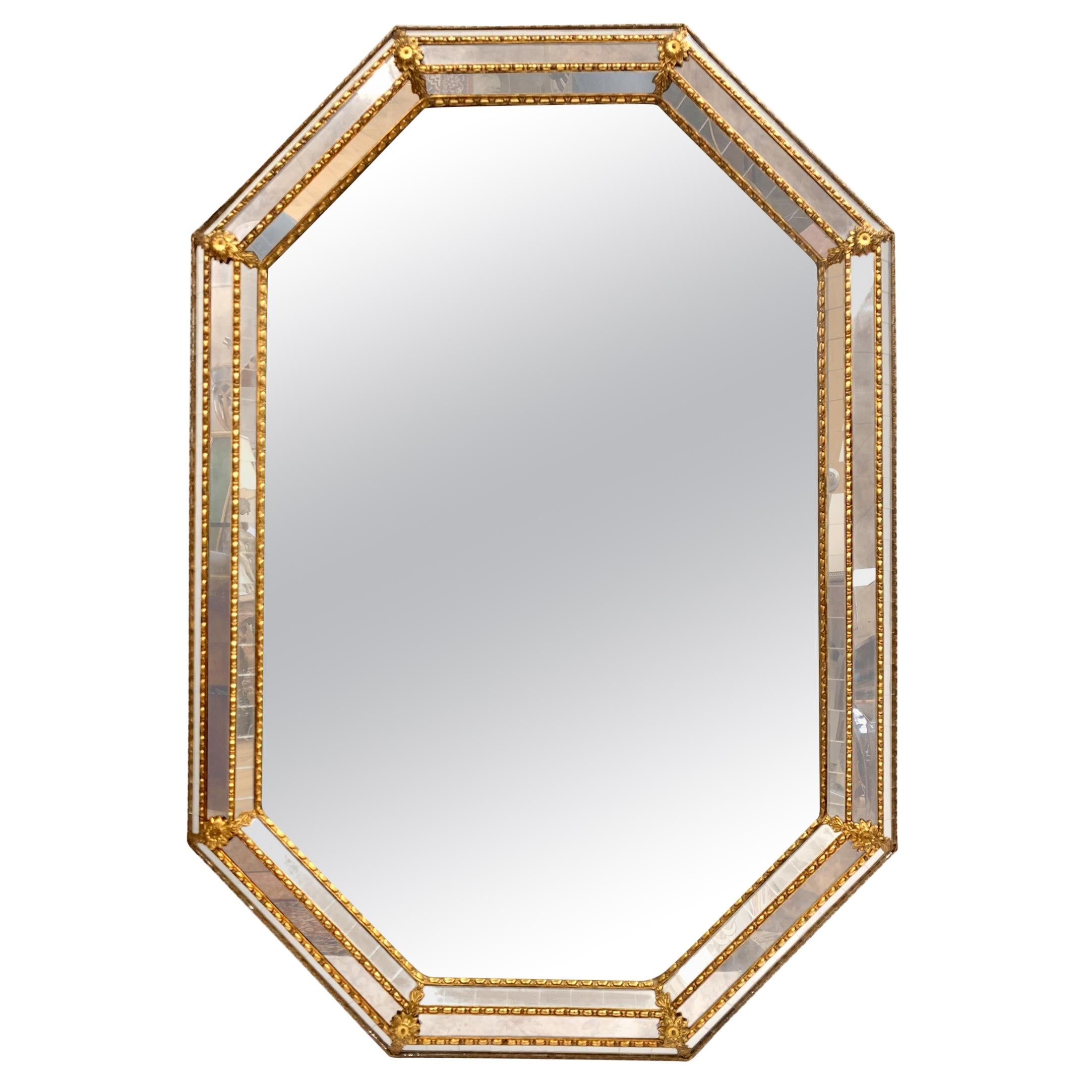 Octagonal Beaded Gilt Gold Wall Mirror With Venetian Mirrored