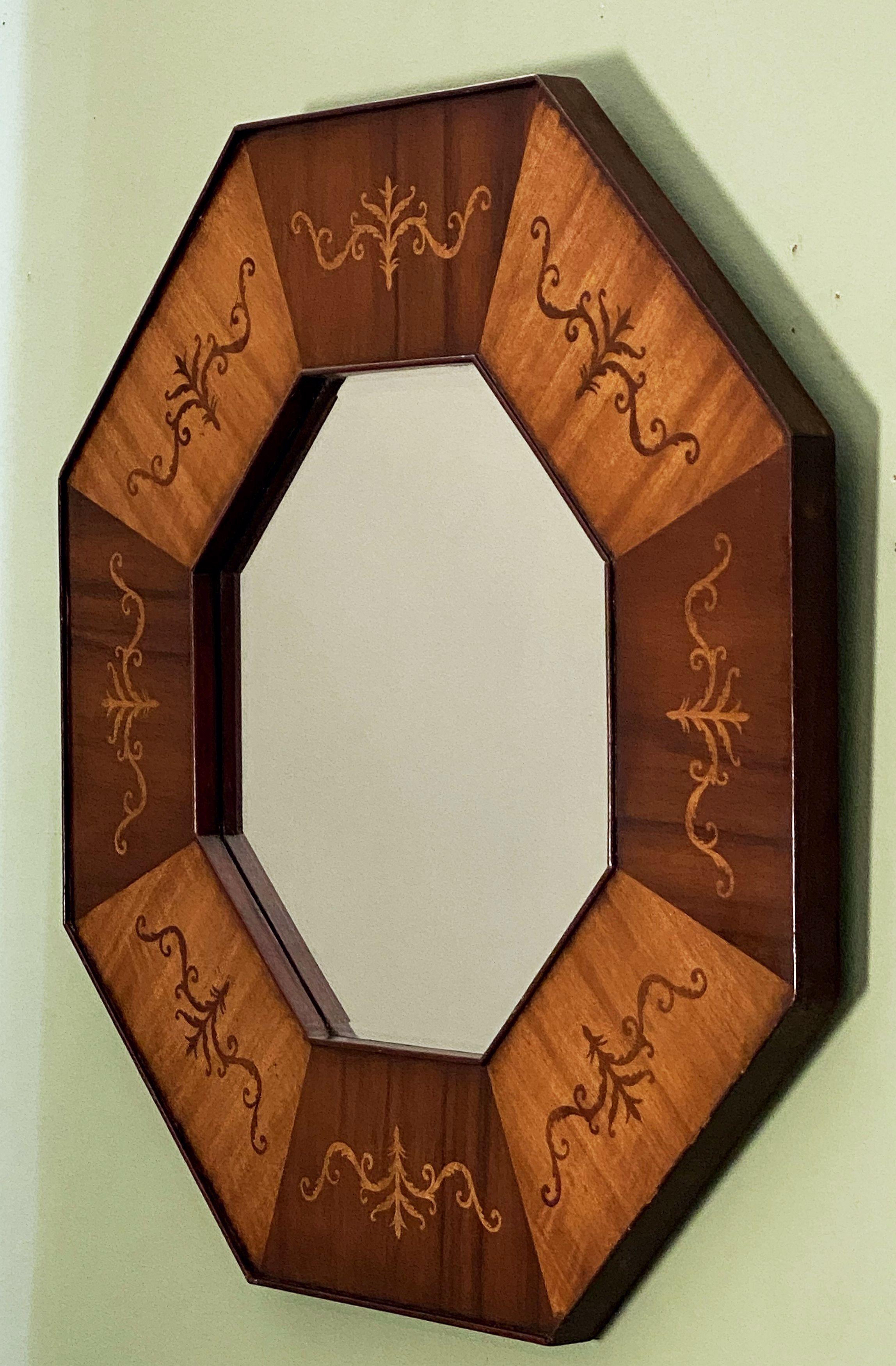 English Octagonal Beveled Mirror with Inlaid Frame of Mahogany from England