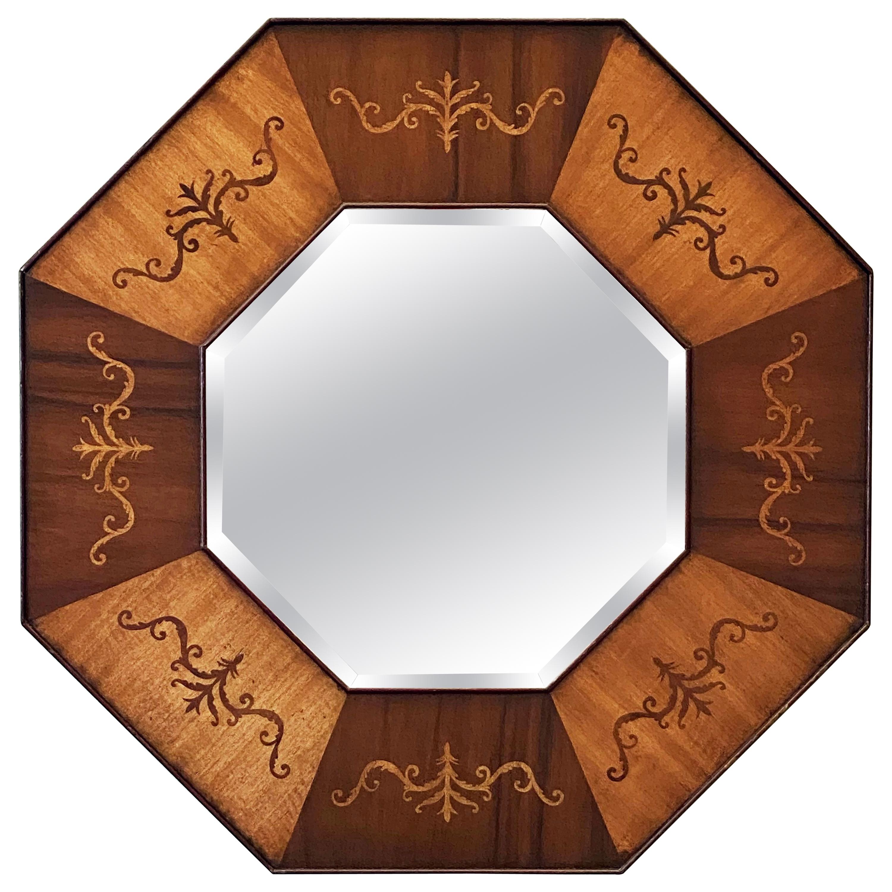 Octagonal Beveled Mirror with Inlaid Frame of Mahogany from England