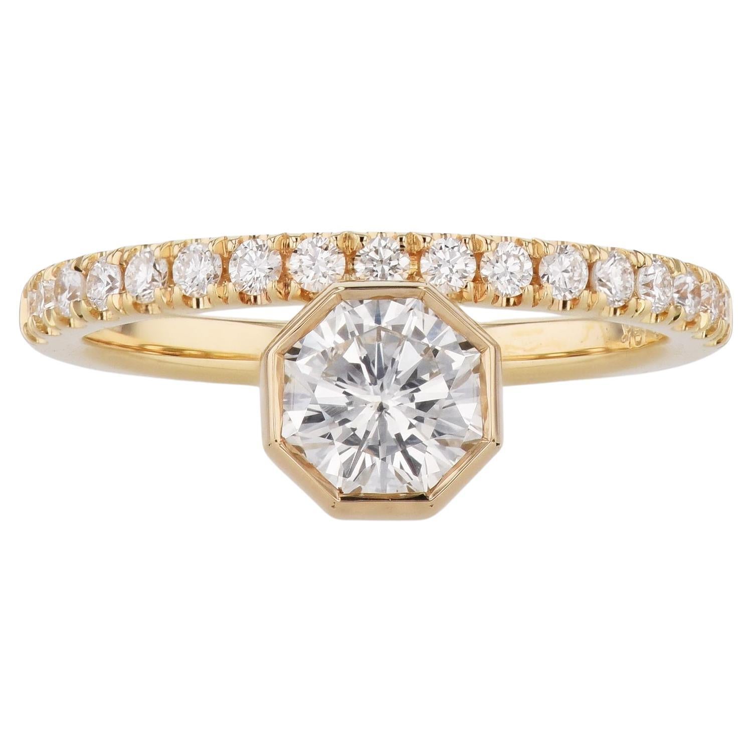 Octagonal Bezel Set Diamond Engagement Ring For Sale