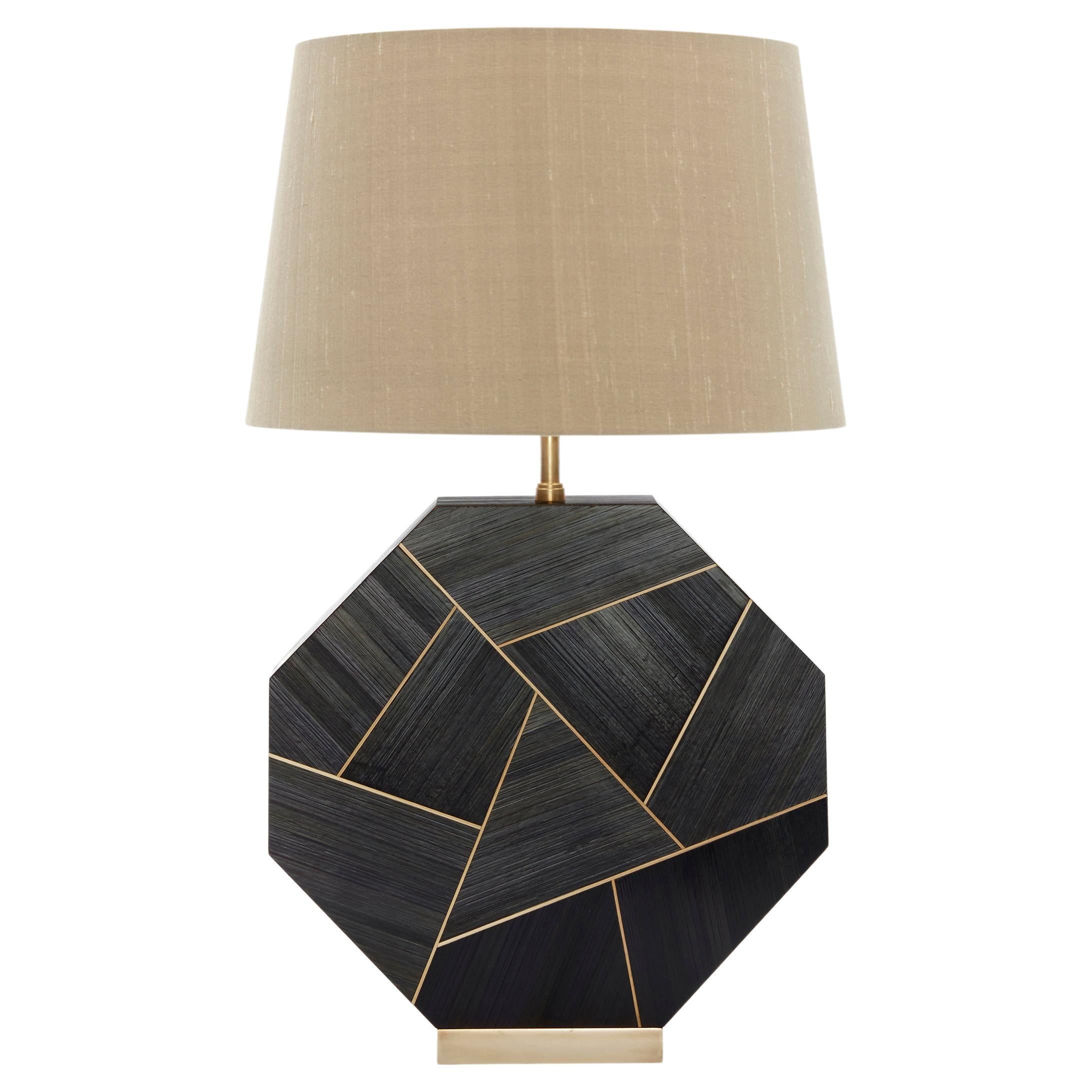 Octagonal Black Straw Marquetry Table Lamp Handmade in Uk Contemporary For Sale