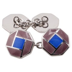 Achteckig Blau Rosa Bräunlich Emaillierte Sterling Silber Manschettenknöpfe Doppelt Achteckig