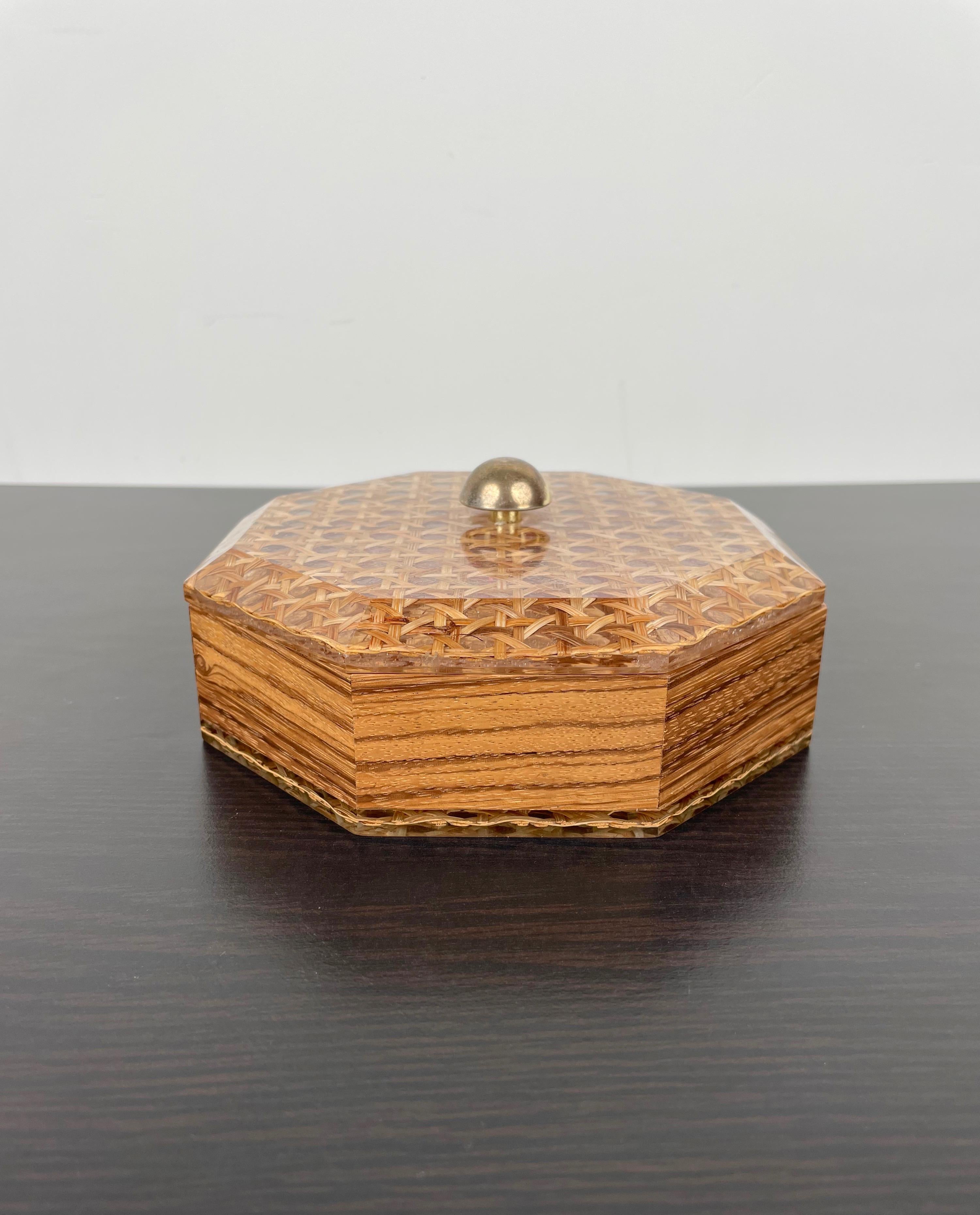 French Octagonal Box in Lucite Wicker Wood and Brass Christian Dior Style, France 1970s For Sale