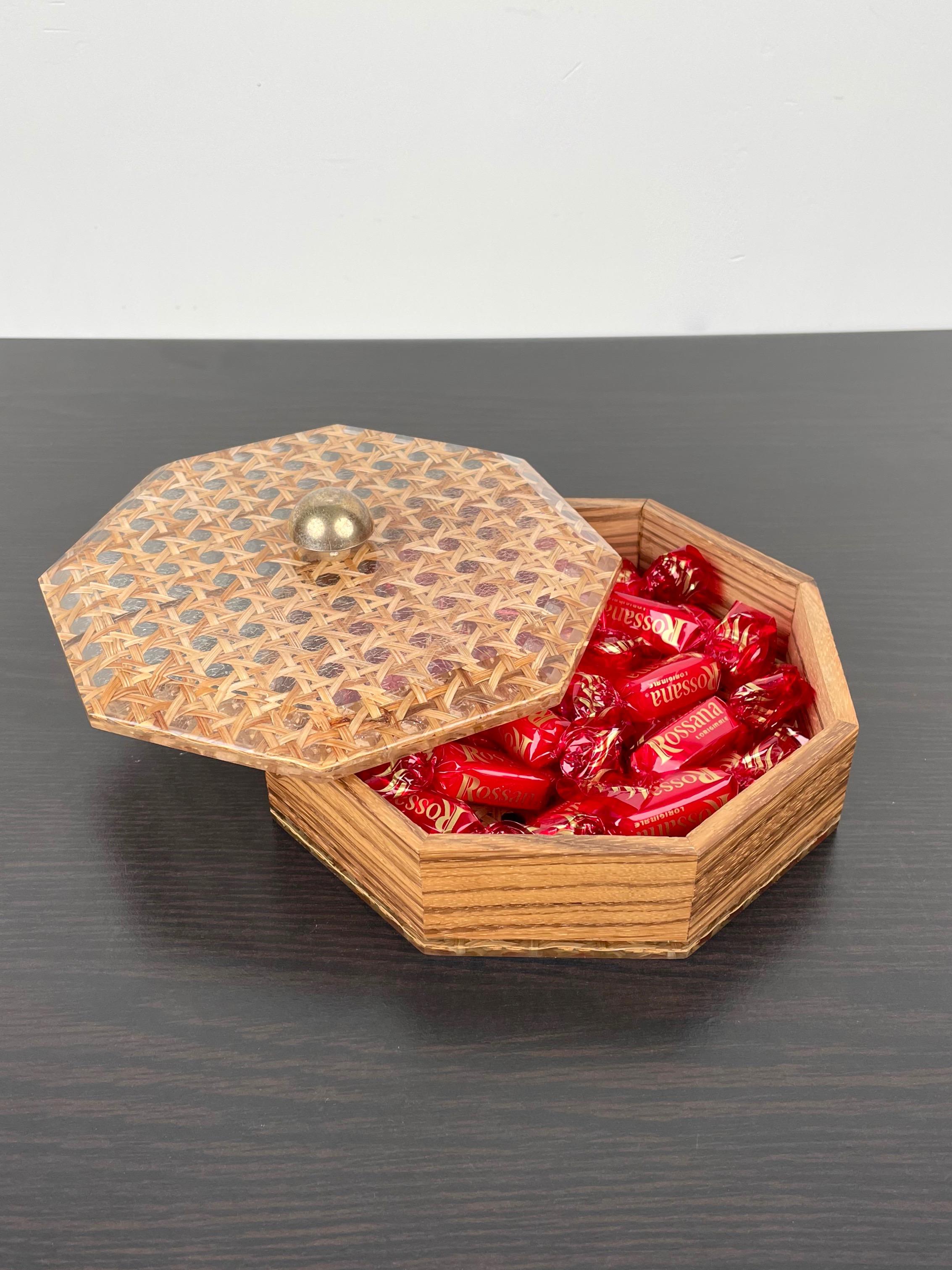 Metal Octagonal Box in Lucite Wicker Wood and Brass Christian Dior Style, France 1970s For Sale