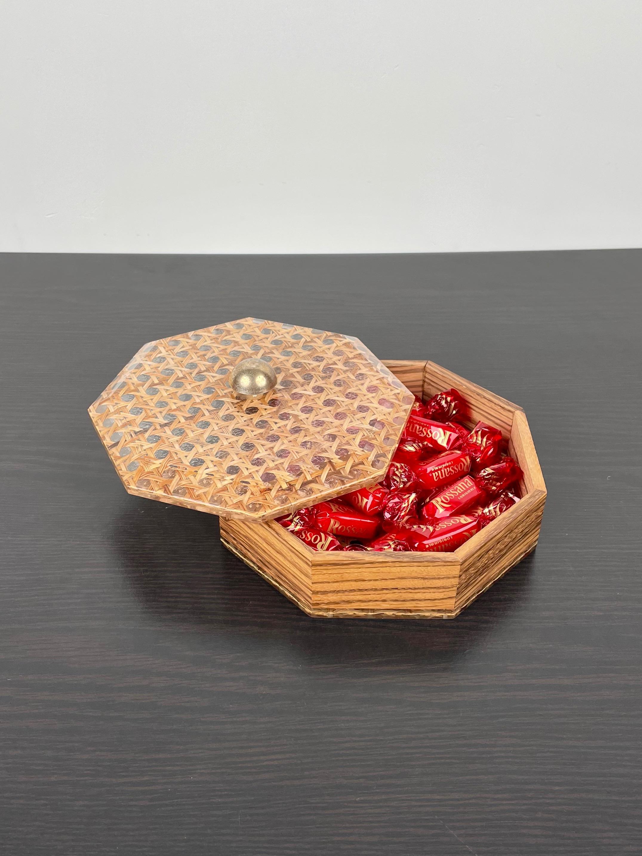 Octagonal Box in Lucite Wicker Wood and Brass Christian Dior Style, France 1970s For Sale 1