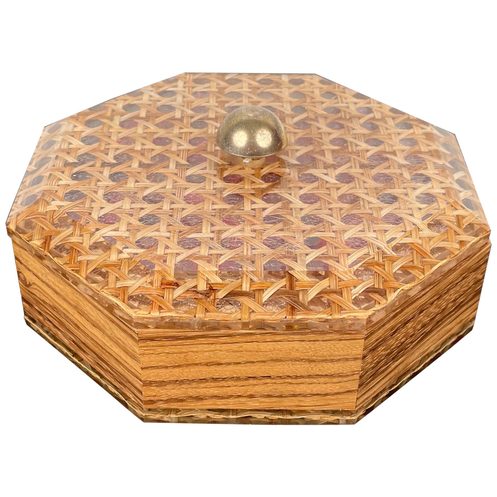 Octagonal Box in Lucite Wicker Wood and Brass Christian Dior Style, France 1970s For Sale