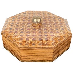 Octagonal Box in Lucite Wicker Wood and Brass Christian Dior Style, France 1970s
