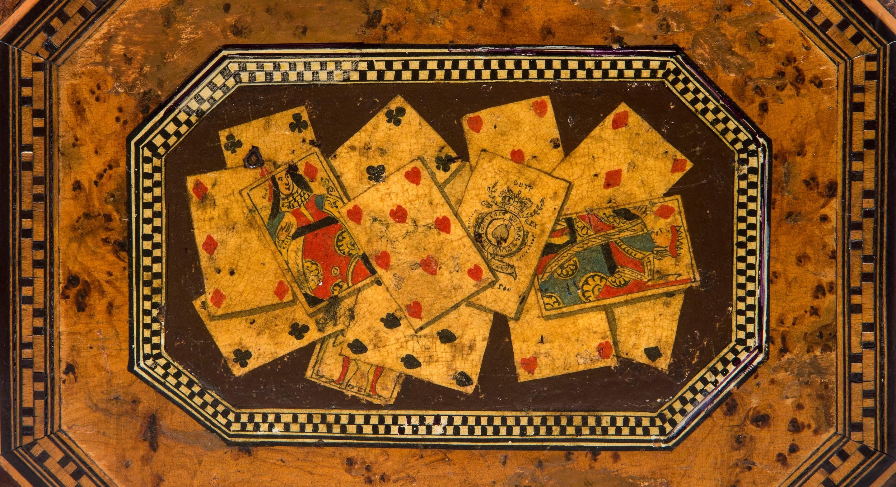 19th Century Octagonal Box with Playing Cards For Sale