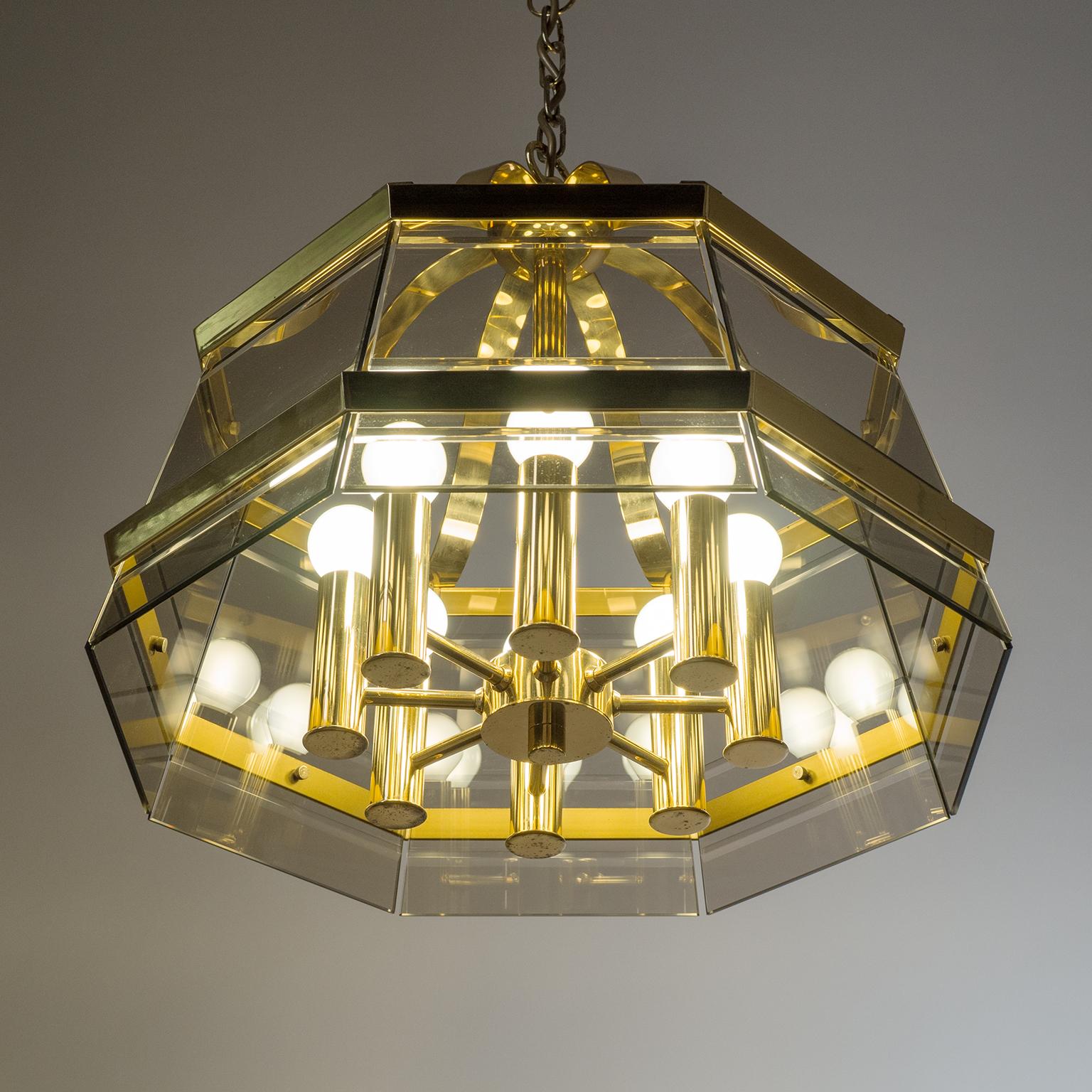 Octagonal Brass Chandelier, 1980s, Smoked Glass For Sale 1